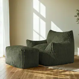 GRANDJOY - Bean Bag Chair with Footstool, Memory Foam, Ergonomic Corduroy Design for Bedroom & Living Room - Green