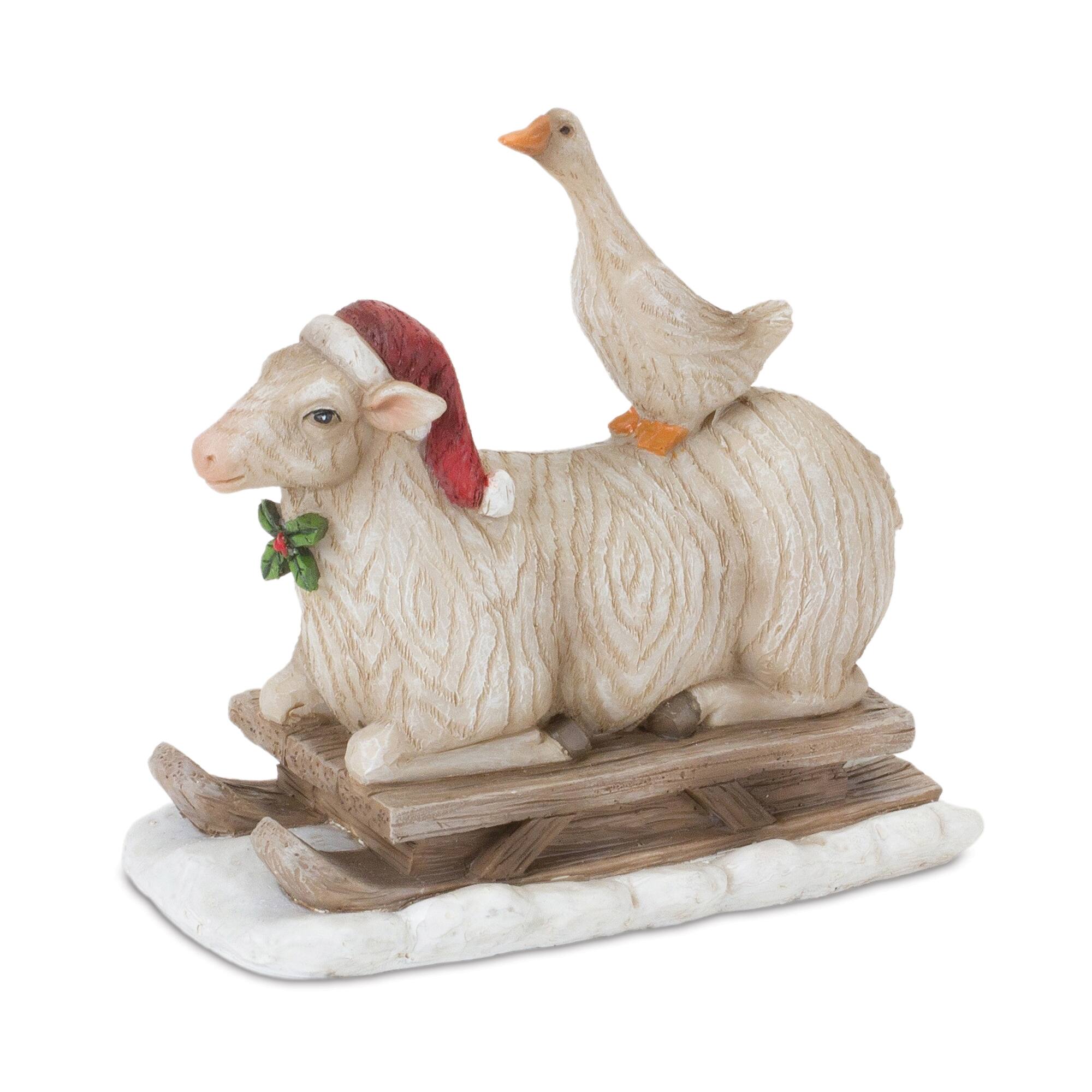 Left. BreeBe - Farmhouse Santa on Sled Figurine (Set of 2) - Brown, Red.