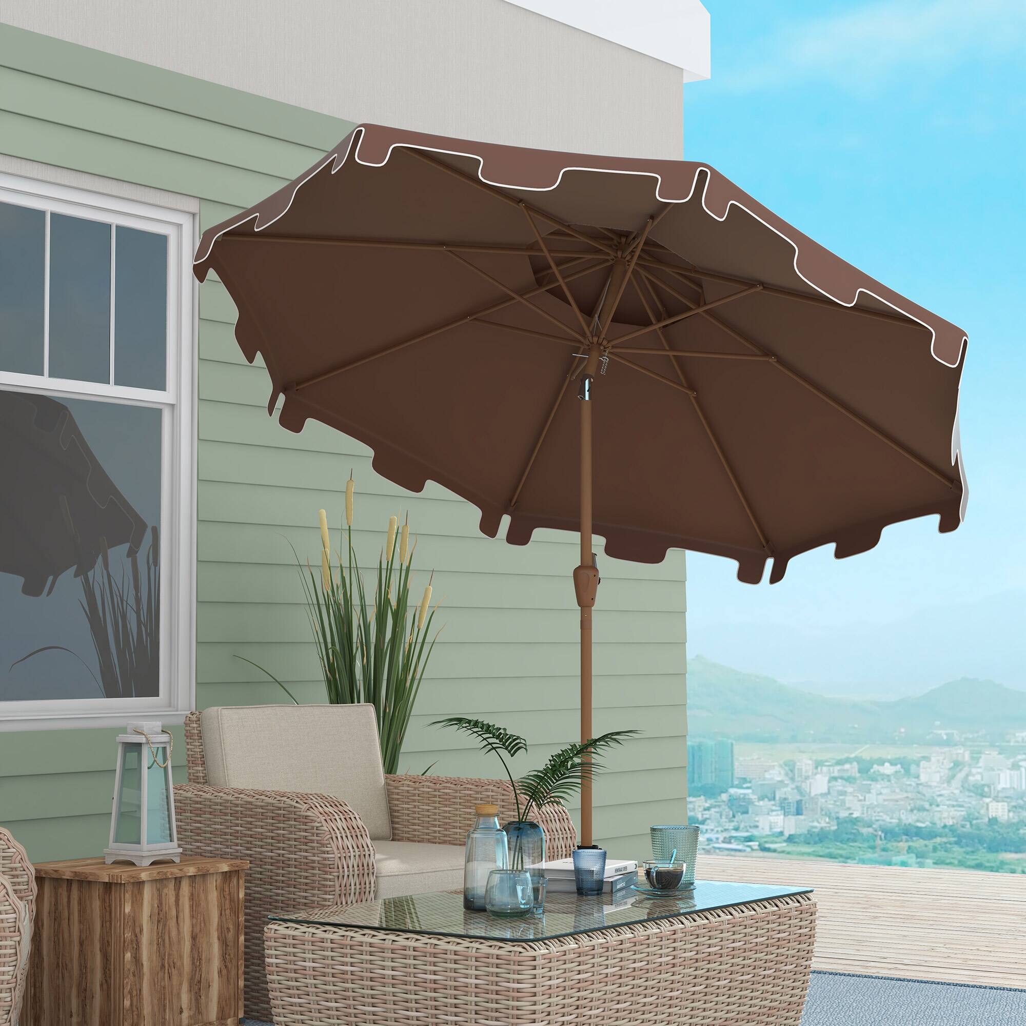 Alt View 1. Outsunny - 9' Patio Umbrella with Push Button Tilt and Crank, Double Top Ruffled Outdoor Market Table Umbrella with 8 Ribs - Brown.