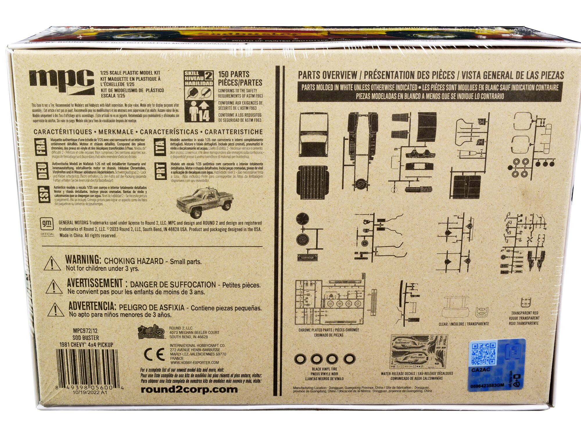 Sure, here is the corrected and grouped text from the image:

---

**mpc**

**1/25 SCALE PLASTIC MODEL KIT**  
**KIT MAQUETTE EN PLASTIQUE À L'ÉCHELLE 1/25**  
**KIT DE MODELO DE PLÁSTICO A ESCALA 1/25**  
**MODELLO IN PLASTICA A SCALA 1/25**  
**CARACTERÍSTIQUES • MERKMALE • CARACTERÍSTICAS • CARATTERISTICHE**

This kit is not for children. Recommended for modelers and hobbyists with assembly experience. Adult supervision is recommended for children under 12 years.  
Ce kit n'est pas pour les enfants. Recommandé pour les modélistes et les amateurs avec une expérience en montage. La supervision d'un adulte est recommandée pour les enfants de moins de 12 ans.  
Este kit no es para niños. Recomendado para modelistas y aficionados con experiencia en montaje. La supervisión de un adulto es recomendada para niños menores de 12 años.  
Dieses Modelle sind nicht für Kinder geeignet. Empfohlen
