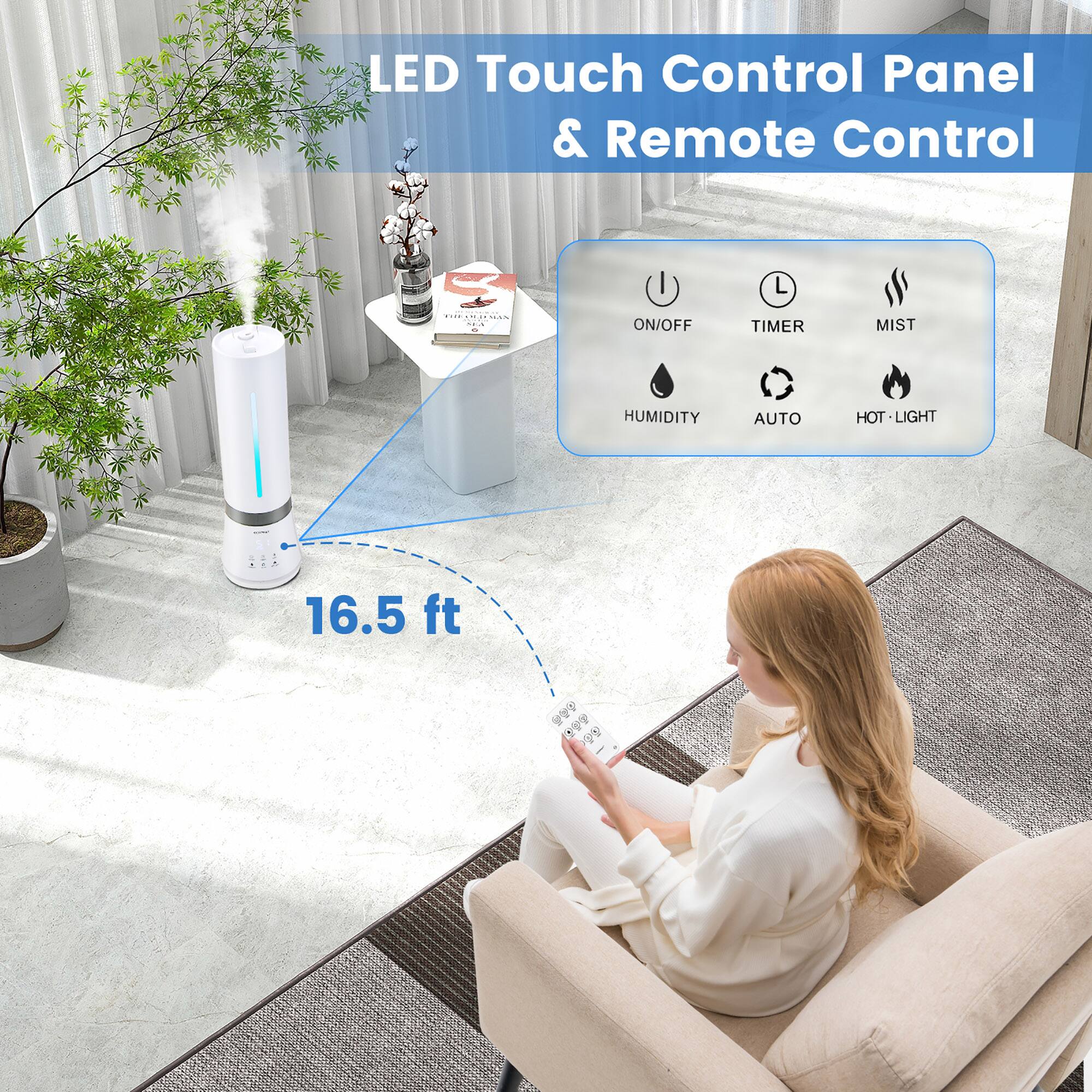 LED Touch Control Panel & Remote Control:

* ON/OFF
* TIMER
* MIST
* HUMIDITY
* AUTO
* HOT LIGHT
* 16.5 ft range
* SN 7