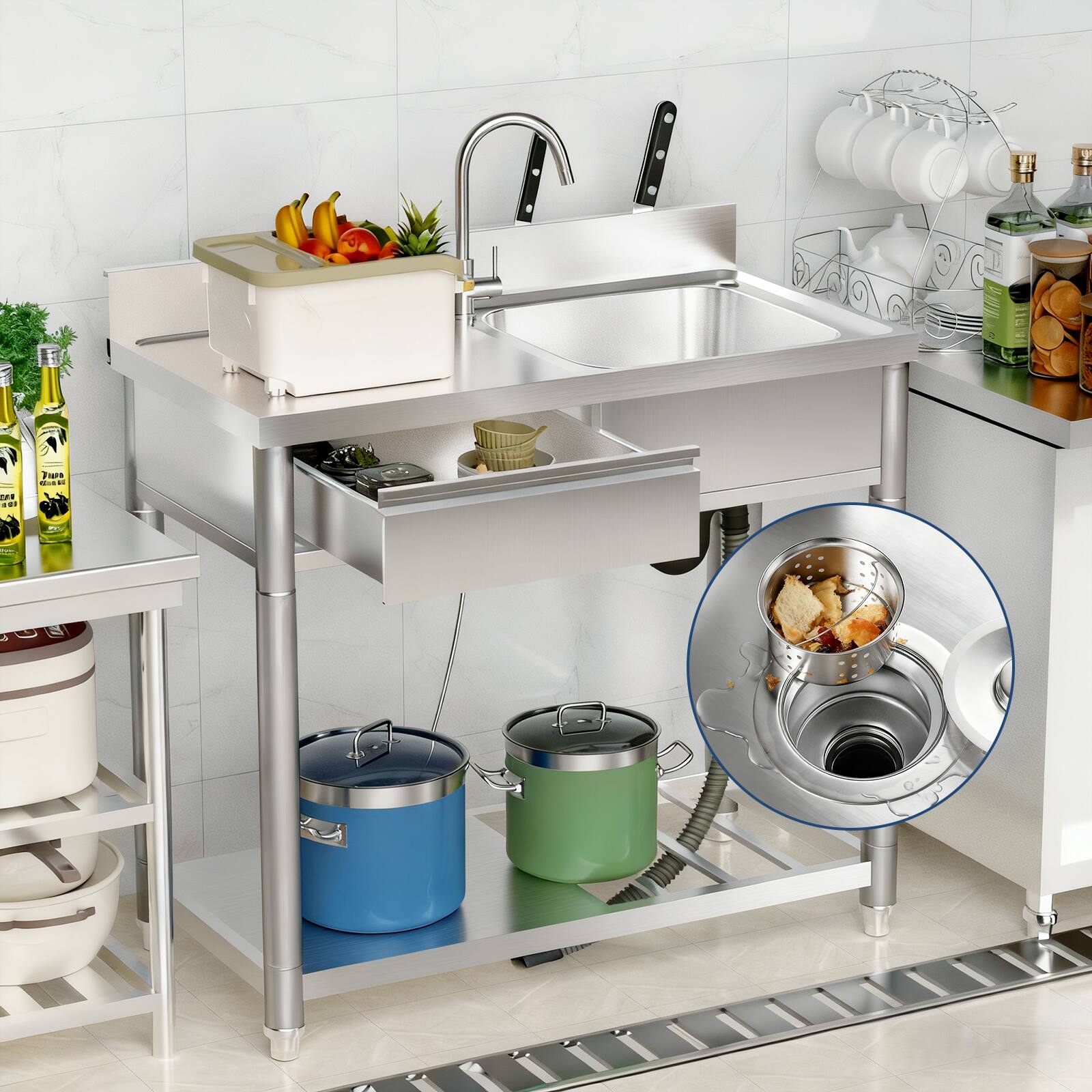 Alt View 1. Chateau Abodes - 39" 304 Stainless Steel Outdoor Utility Sink & Prep Table with Workbench, Storage Shelf & 360° Hot/Cold Faucet - Silver.