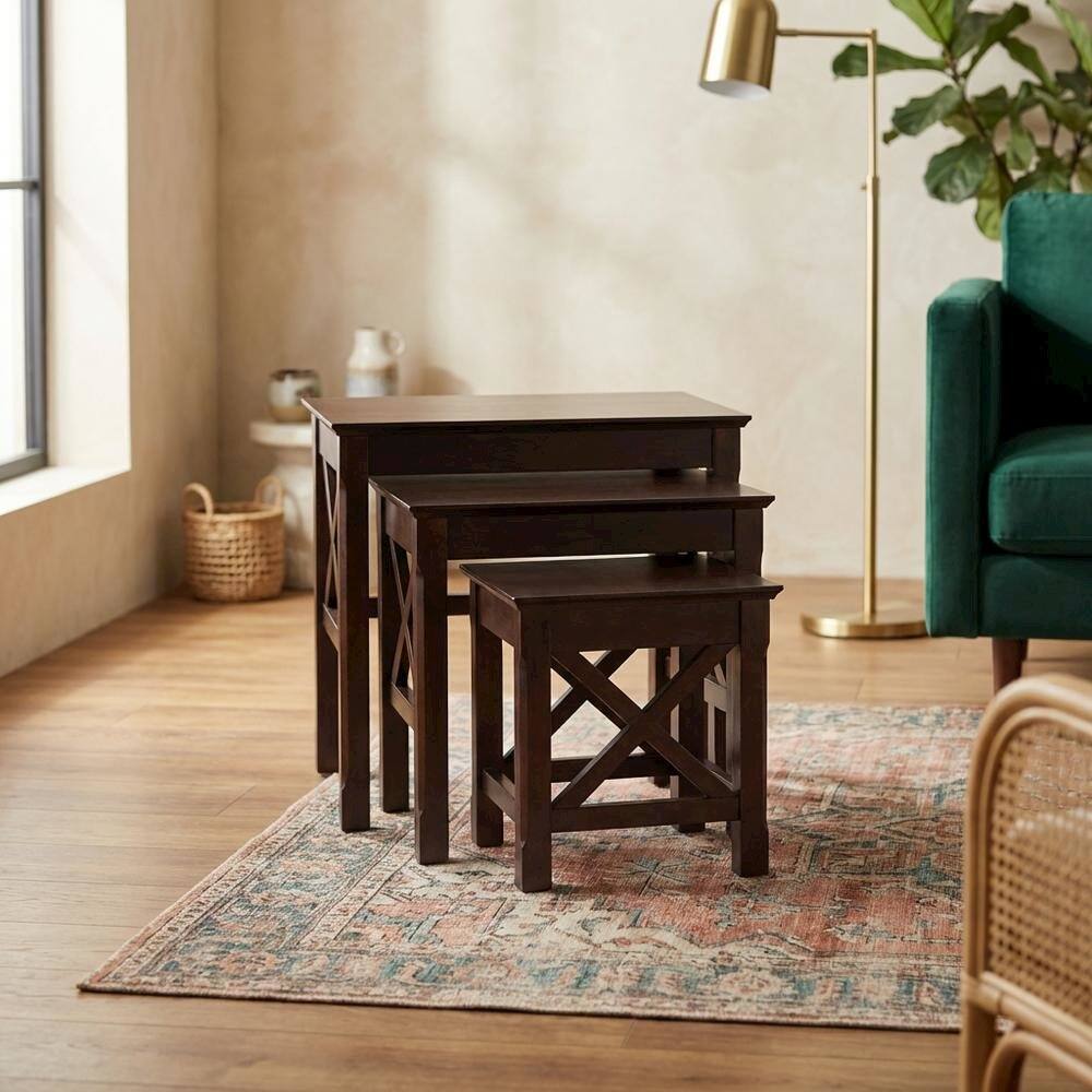 Alt View 3. FurniFact - Solid Wood 3 Piece Nesting Tables Set With Stackable Design In Cappuccino Finish - Cappuccino.