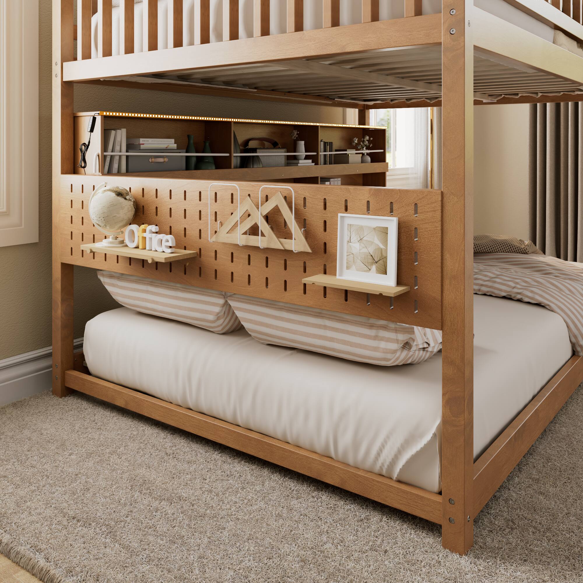 Angle. Anysun - Full over Full Bunk Bed with Integrated Shelving, Color-Changing Lights and Pegboard - Brown.