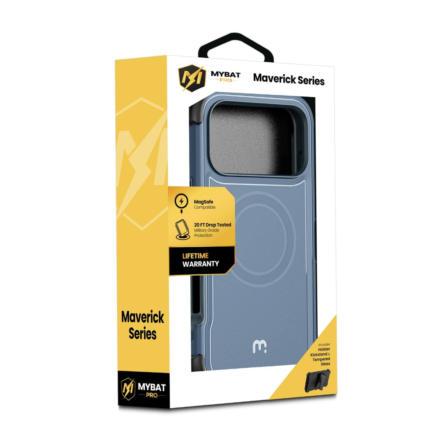 MYBAT Maverick M PRO Series  
MagSafe Compatible  
20 FT Drop Tested Military Grade Protection  
LIFETIME WARRANTY  
Maverick Series  
Includes Holster Kickstand & Tempered Glass  
MYBAT PRO