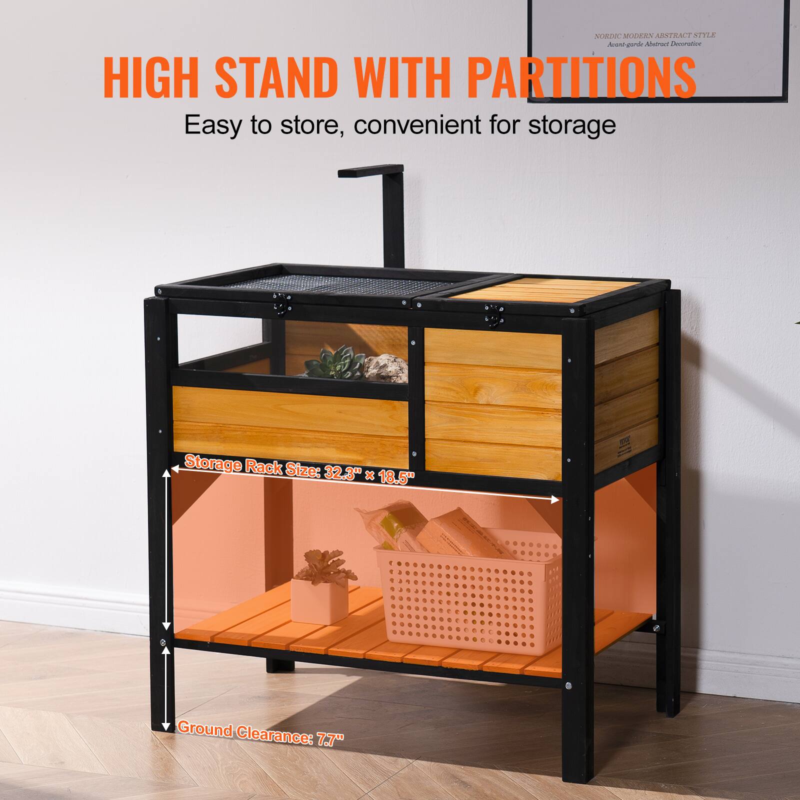 **HIGH STAND WITH PARTITIONS**

Easy to store, convenient for storage

**Storage Rack Size:** 32.3" x 18.5"

**Ground Clearance:** 7.7"