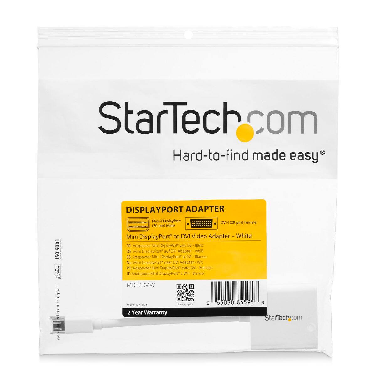StarTech.com Hard-to-find made easy

DISPLAYPORT ADAPTER
Mini-DisplayPort (20 pin) Female to DVI (29 pin) Male
Mini DisplayPort to DVI Video Adapter - White

FR: Adaptateur Mini DisplayPort vers DVI Blanc
DE: Mini DisplayPort auf DVI Adapter - weiß
ES: Adaptador Mini DisplayPort a DVI - Blanco
NL: Mini DisplayPort naar DVI Adapter - Wit
PT: Adaptador Mini DisplayPort para DVI - Branco
IT: Adattatore Mini DisplayPort a DVI - Bianco

MDP2DVIW

MADE IN CHINA

2 Year Warranty

StarTech.com