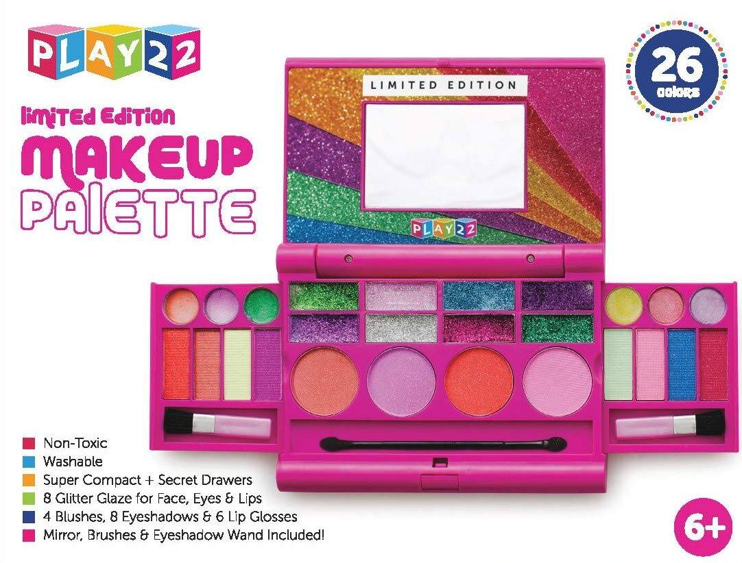 **PLAY22**  
**LIMITED EDITION**  
**MAKEUP PALETTE**

- Non-Toxic
- Washable
- Super Compact + Secret Drawers
- 8 Glitter Glaze for Face, Eyes & Lips
- 4 Blushes, 8 Eyeshadows & 6 Lip Glosses
- Mirror, Brushes & Eyeshadow Wand Included!

**26 colors**

**6+**