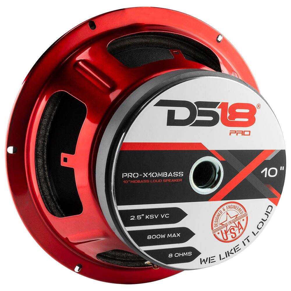 D518 PRO  
PRO-X10MBASS 10" 10" MIDBASS LOUD SPEAKER  
2.5" KSV VC  
DESIGNED & ENGINEERED IN USA  
800W MAX  
8 OHMS  
WE LIKE IT LOUD