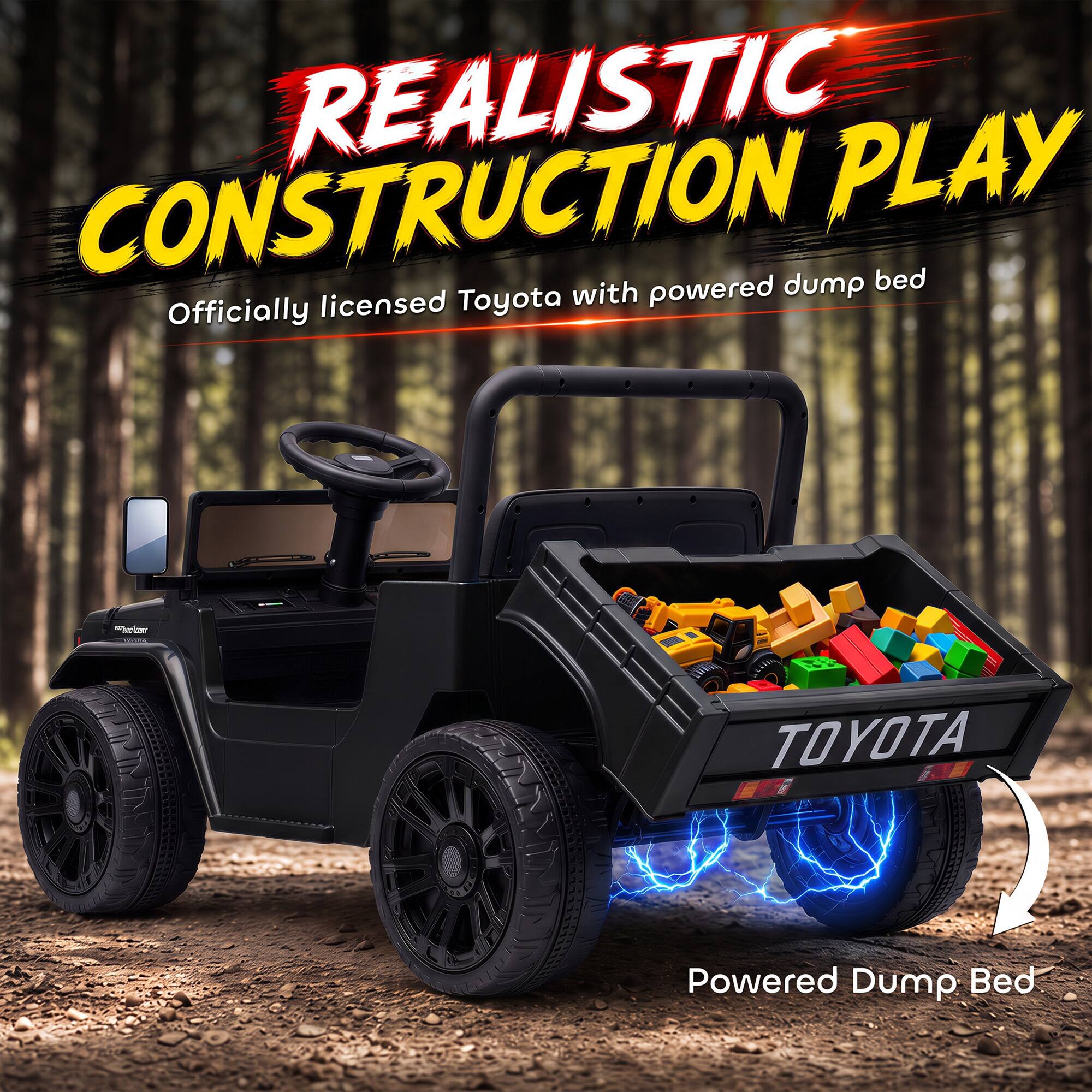 REALISTIC CONSTRUCTION PLAY  
Officially licensed Toyota with powered dump bed  
TOYOTA  
Powered Dump Bed