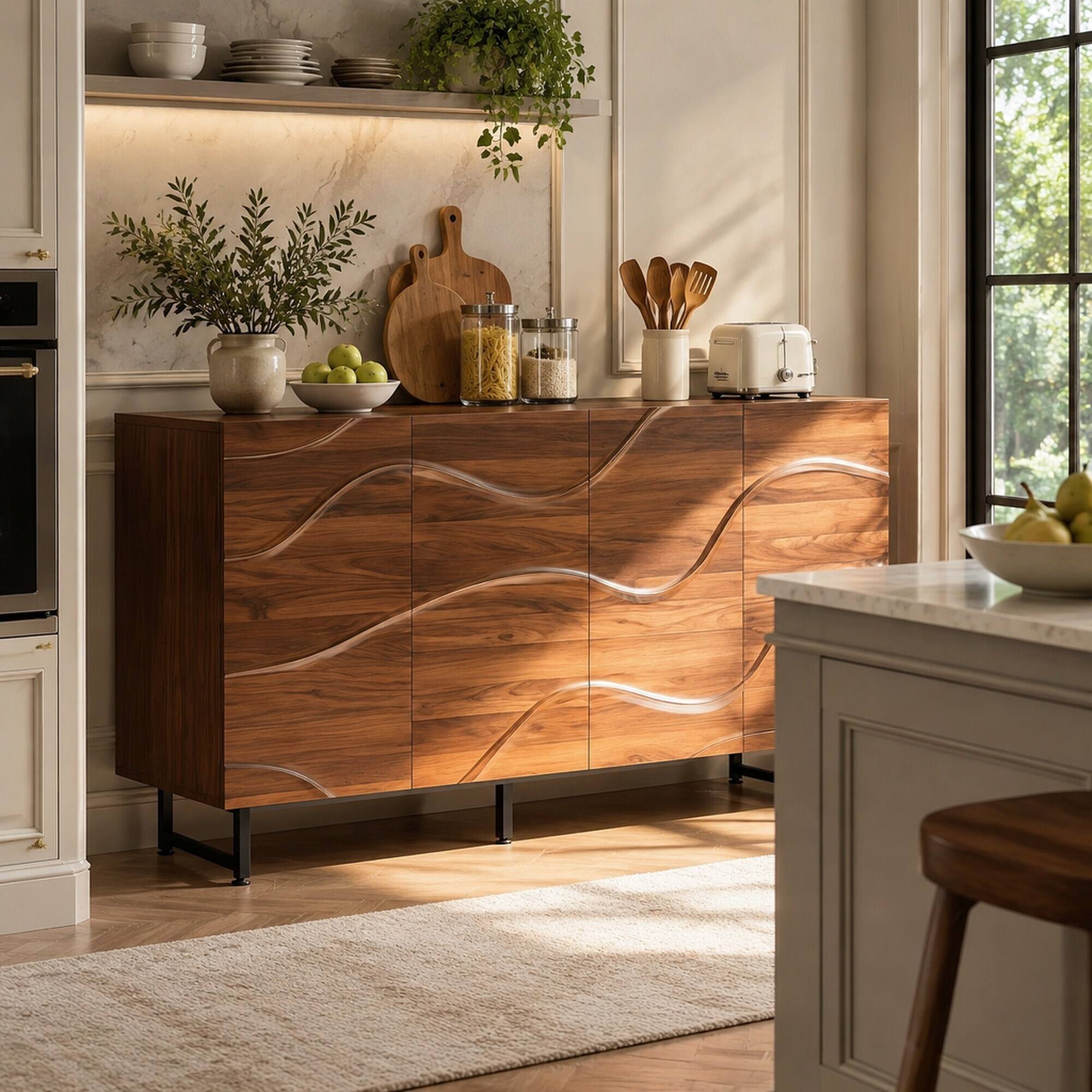 Angle. RYHNUYNE - Freestanding Modern Solid Wood Sideboard with Wave Relief Design and Iron Legs, Walnut, 59 Inch - Wood.
