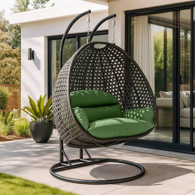 Left. LeisureMod - Leisuremod Outdoor 2-Person Charcoal Wicker Egg Swing Chair with Steel Stand, Washable Cushions & Waterproof Cover - Dark Green.