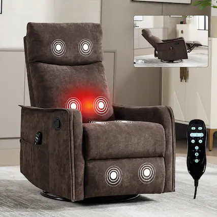 Front. PexFix - Massage Recliner Chair with Heat, 360° Swivel Rocker Recliner for Living Room - Brown.