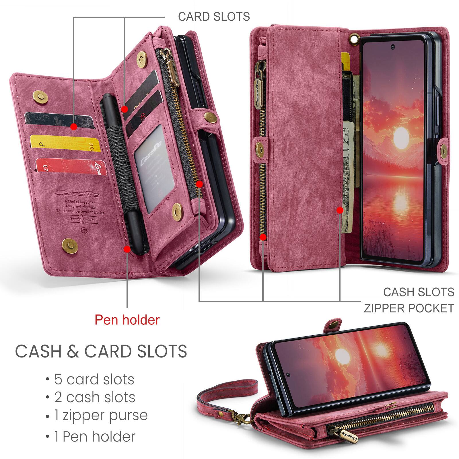 CARD SLOTS

CASH & CARD SLOTS
- 5 card slots
- 2 cash slots
- 1 zipper purse
- 1 Pen holder

CASH SLOTS
ZIPPER POCKET