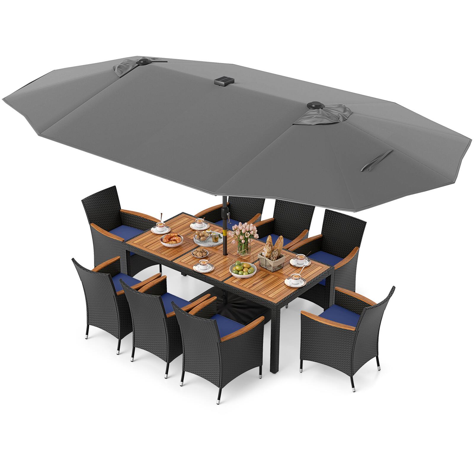 Alt View 4. Gymax - Gymax 11 PCS Patio Dining Set w/ 15ft Double-Sided Patio Umbrella (Base Included) Gray - Gray.