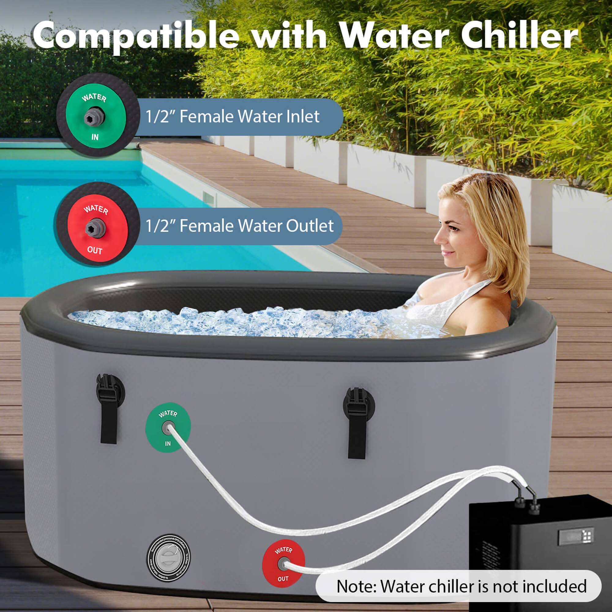 Compatible with Water Chiller: 1/2" Female Water Inlet and 1/2" Female Water Outlet. Note: Water chiller is not included.