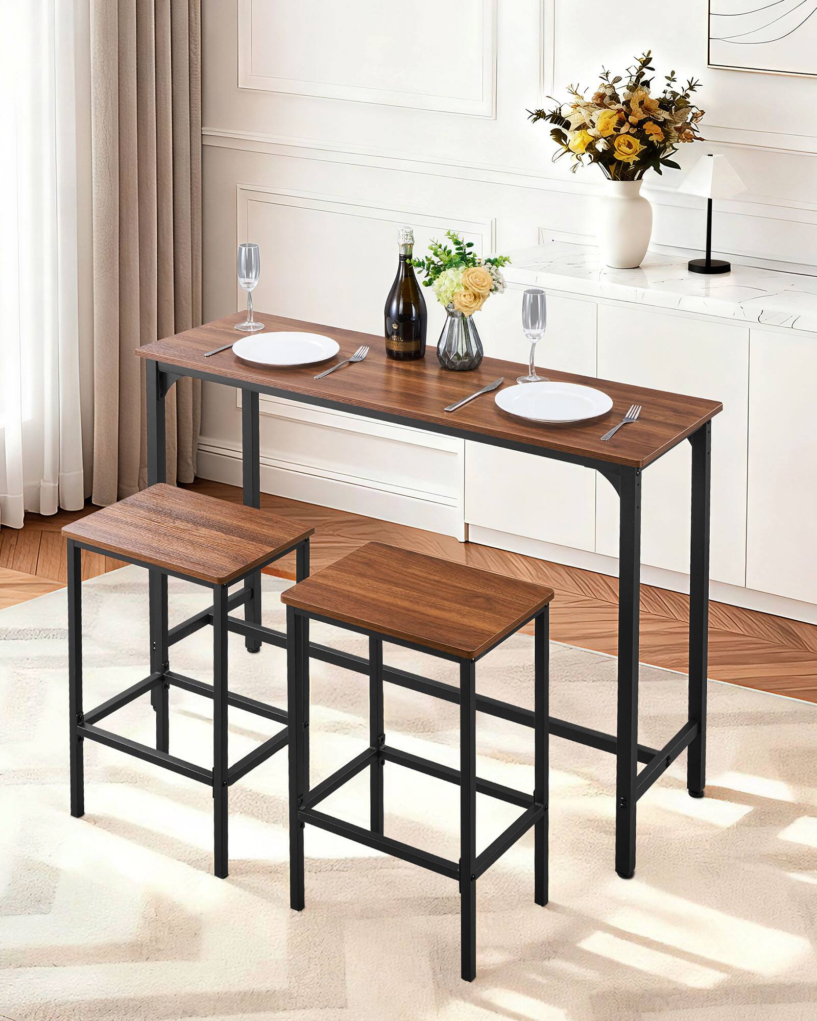 Angle. VEVOR - Bar Table, 3PCS 47″ Bars Tables Set, Bar Tables and Chair Set with Rounded Edge Design, Rectangular Pub Table - Brown + black.