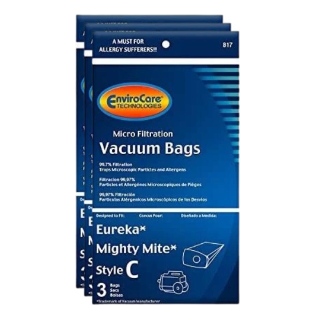 A MUST FOR ALLERGY SUFFERERS!!  
817 EnviroCore TECHNOLOGIES Micro Filtration Vacuum Bags  
99.7% Filtration Traps Microscopic Particles and Allergens  
Filtración 99.97% Partículas de Alérgenos Microscópicos de Polen  
Filtración 99.97% Partículas Alérgenicas Microscópicas de los Desvios  

Designed to Fit:  
Eureka* Mighty Mite* Style C  
3 Bags  
Bolsas  
Sacs