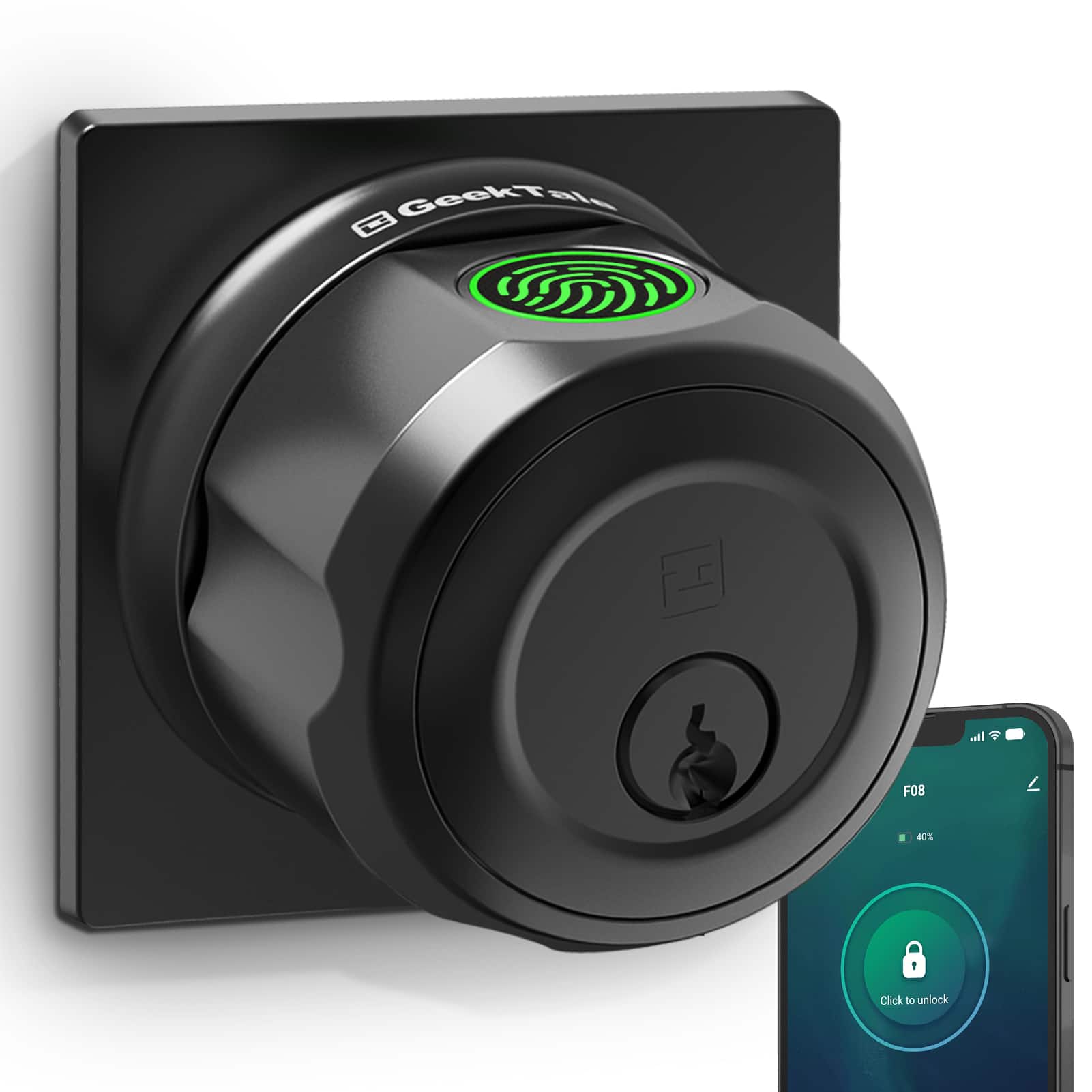 Wrightmaster - 3-in-1 Aluminum Smart Lock Knob with Wi-Fi & Voice Control, Fingerprint, Key, Auto-Unlock & Quiet Mode - Black