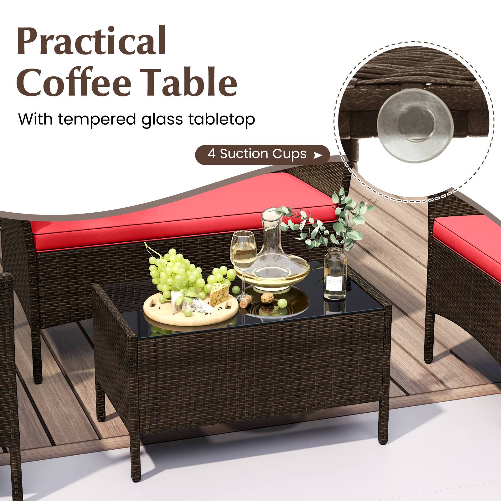 Practical Coffee Table with tempered glass tabletop and 4 suction cups.