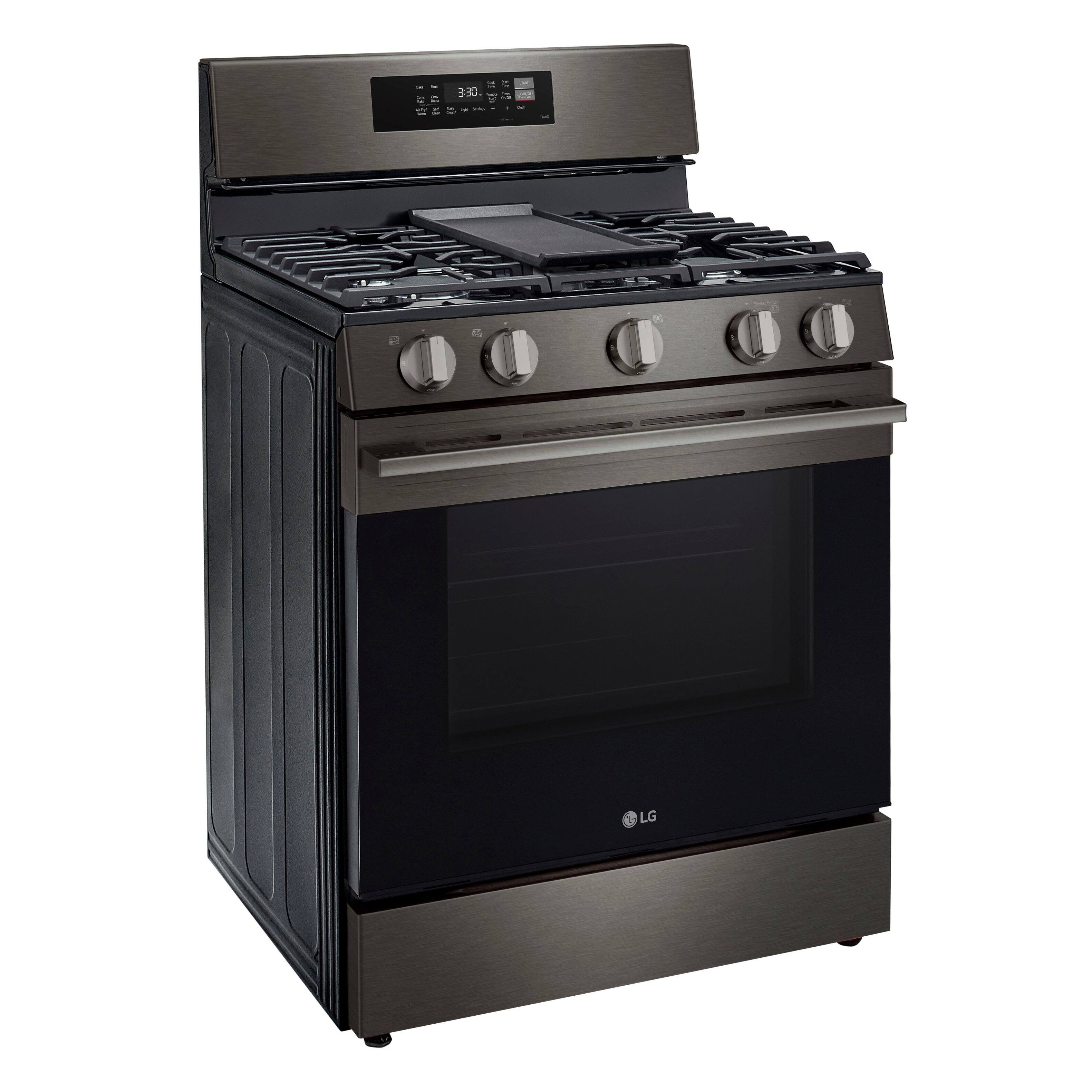 Angle. LG - 6.3 Cu. Ft. Freestanding Gas True Convection Smart Range with EasyClean, Air Fry and Premium Handle - Black Stainless Steel.