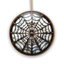 OrnamentallyYou - Golden Arachnid Haunt Intricate Spider Web Stained Glass Style Ceramic Ornament Halloween Themed - Multi-colored