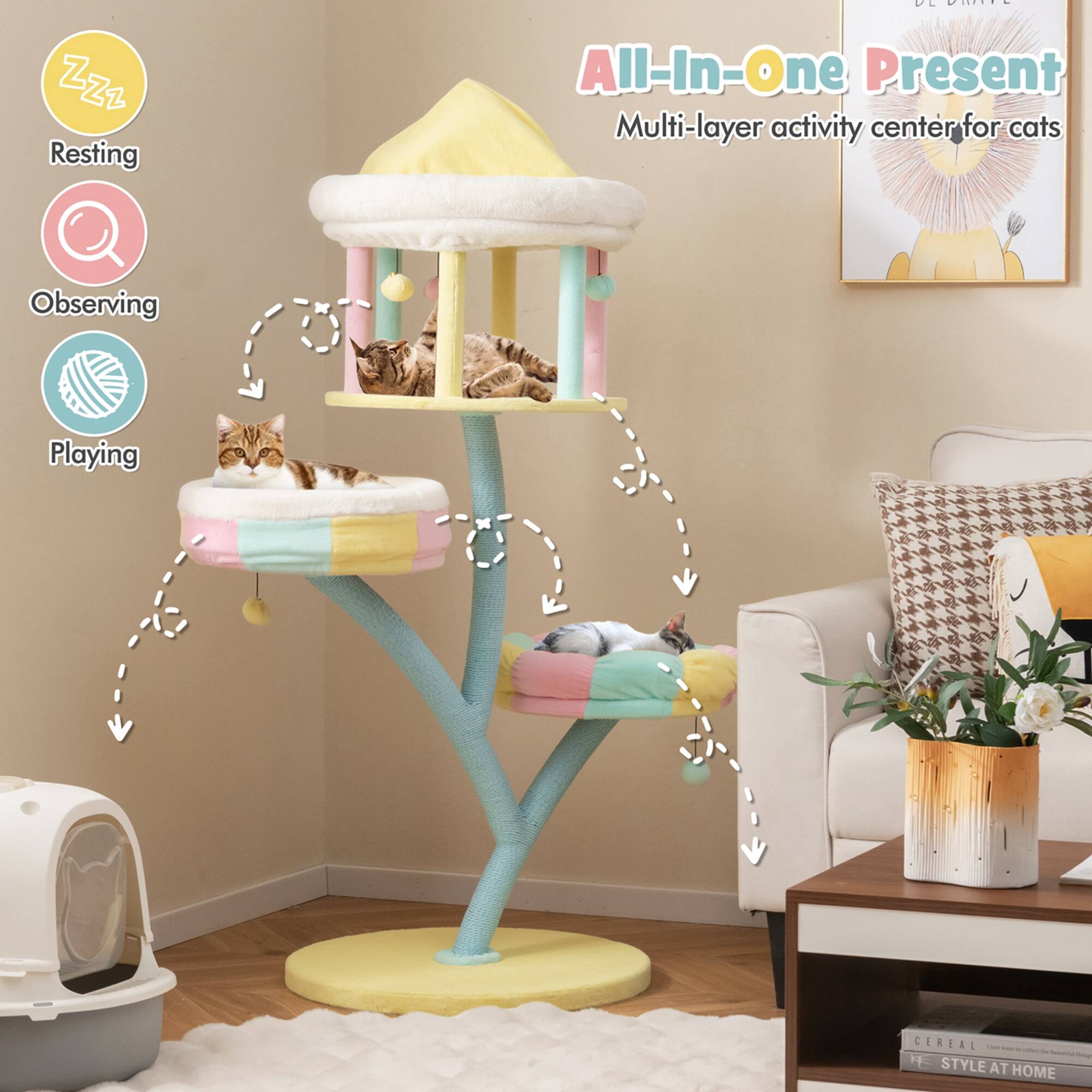 All-In-One Present, Multi-layer activity center for cats, Resting, Observing, Playing, CEREAL - STYLE AT HOME