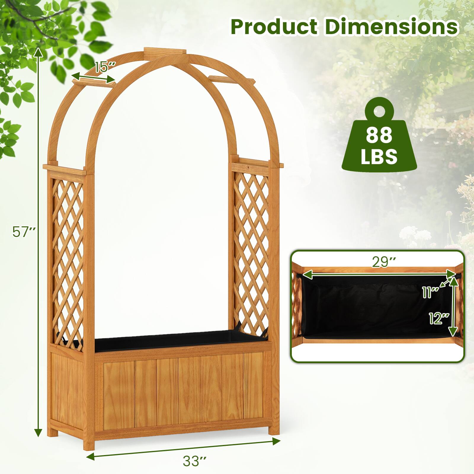 Product Dimensions

- Height: 57"
- Width: 33"
- Depth: 29"
- Weight: 88 LBS

Additional Dimensions:
- Arch Height: 15"
- Shelf Depth: 12"
- Shelf Width: 11"
