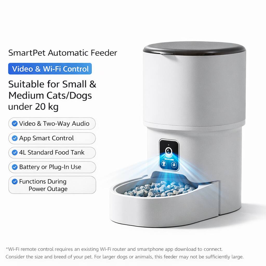 SmartPet Automatic Feeder  
Video & Wi-Fi Control  
Suitable for Small & Medium Cats/Dogs under 20 kg  

- Video & Two-Way Audio  
- App Smart Control  
- 4L Standard Food Tank  
- Battery or Plug-In Use  
- Functions During Power Outage  

*Wi-Fi remote control requires an existing Wi-Fi router and smartphone app download to connect.  
Consider the size and breed of your pet. For larger dogs or animals, this feeder may not be sufficiently large.