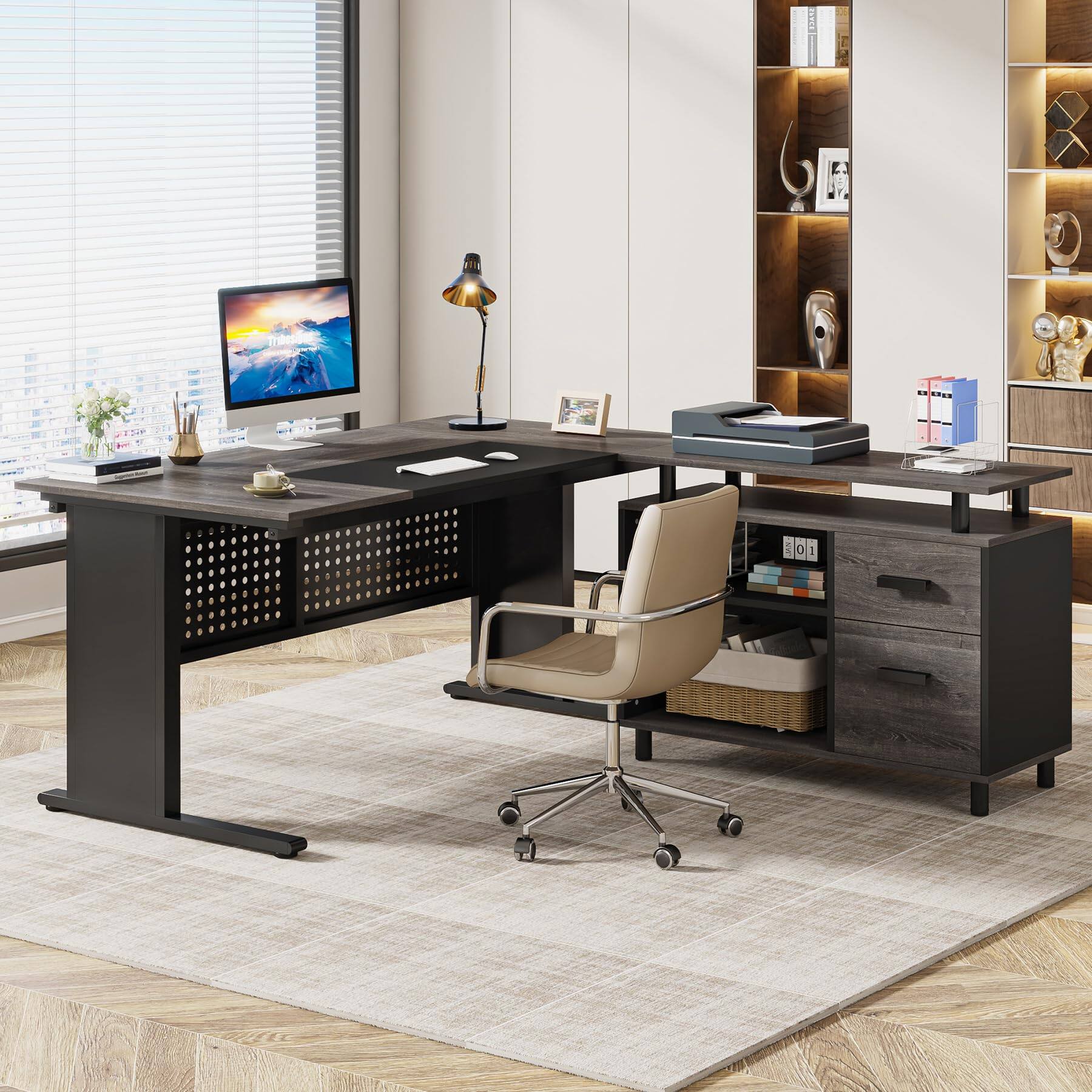 Left. Tribesigns - 63 Inch Executive Desk with File Cabinet, L Shaped Office Desk with Drawers and Storage Shelves, Business Furniture Set - Gray and Black.