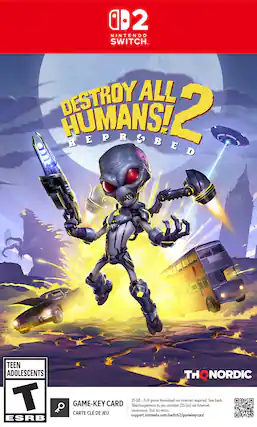 0D2 NINTENDO SWITCH DESTROY ALL HUMANS! REPR3BED 2
TEEN ADOLESCENTS T ESRB
THONORDIC
25 GB – Full game download via internet required. See back.
GAME-KEY CARD
Tlchargement du jeu complet (25 Go) via Internet nécessaire. Voir au verso.
CARTE CLÉ DE JEU
support.nintendo.com/switch2/gamekeycard - T (Teen 13+)