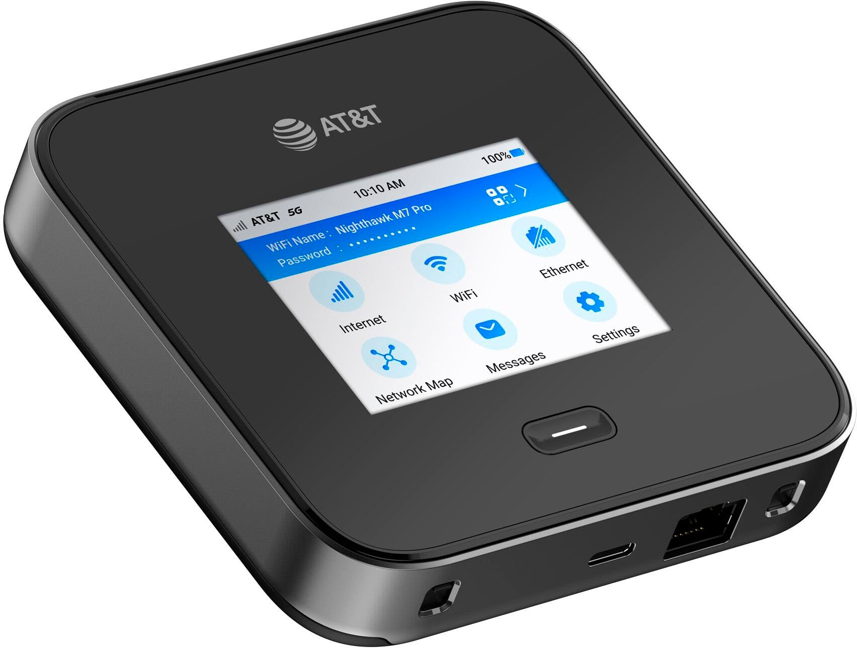 AT&T 100% 10:10 AM . Pro r 5G M7 AT&T Nighthawk WiFi Name: Password Ethernet WiFi Internet Settings Messages Network Map