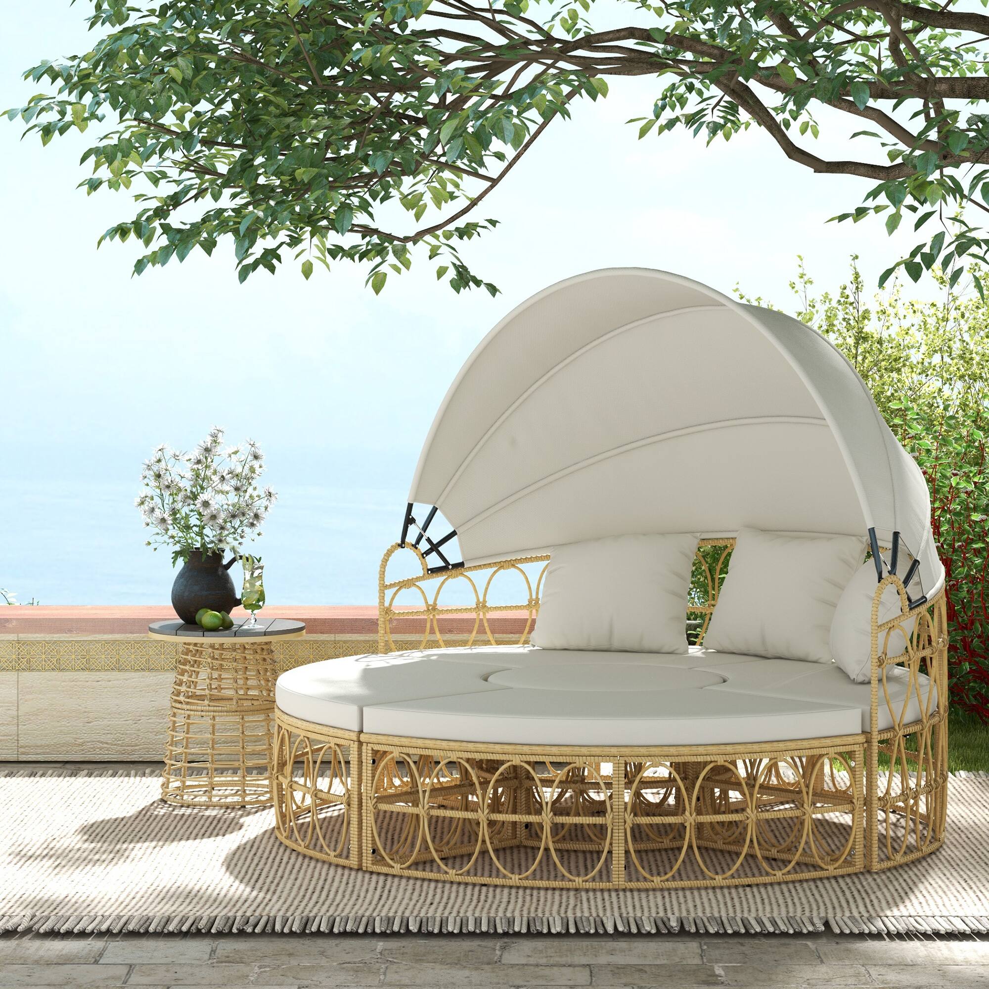 Alt View 1. Outsunny - Patio Furniture Set, Round Outdoor Daybed with Retractable Canopy, Hollow Wicker PE Rattan Sectional Sofa - Cream White.