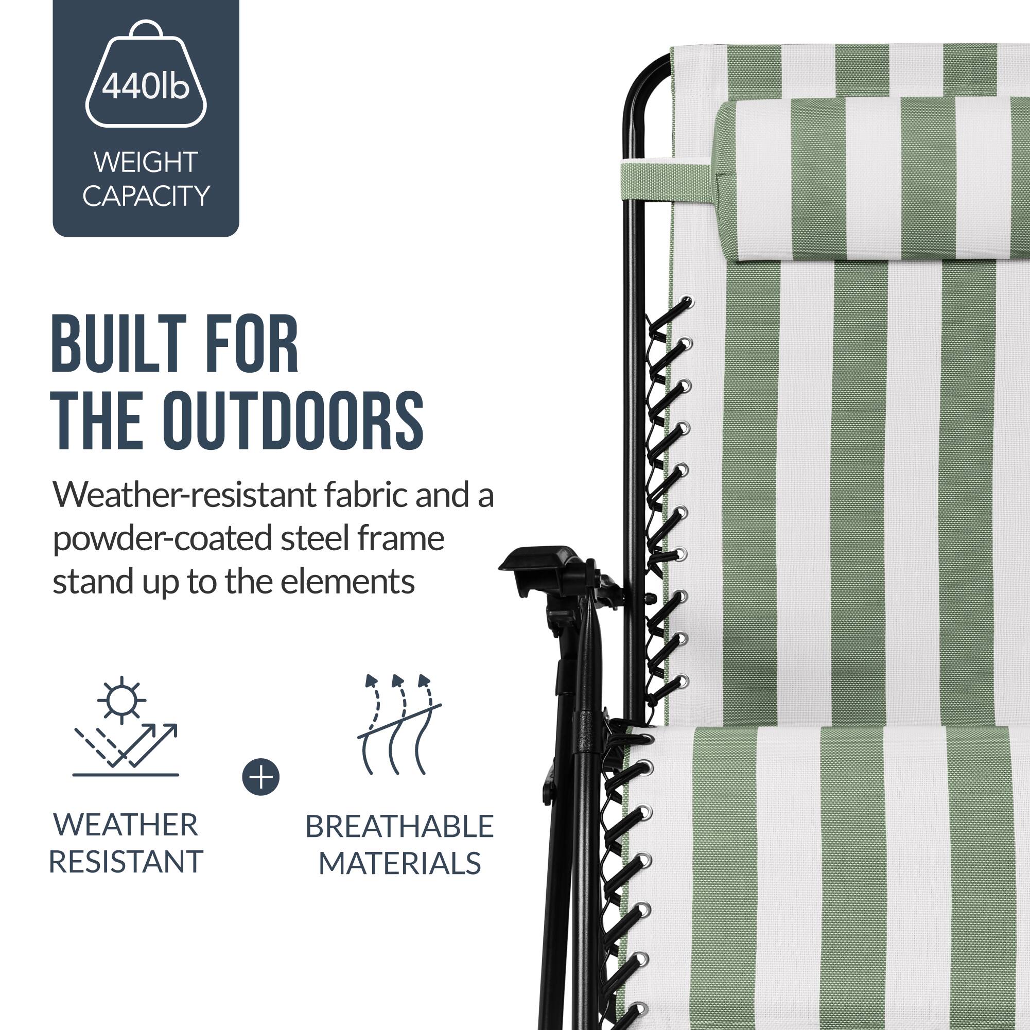 440lb WEIGHT CAPACITY BUILT FOR THE OUTDOORS  
Weather-resistant fabric and a powder-coated steel frame stand up to the elements  
+ WEATHER RESISTANT MATERIALS