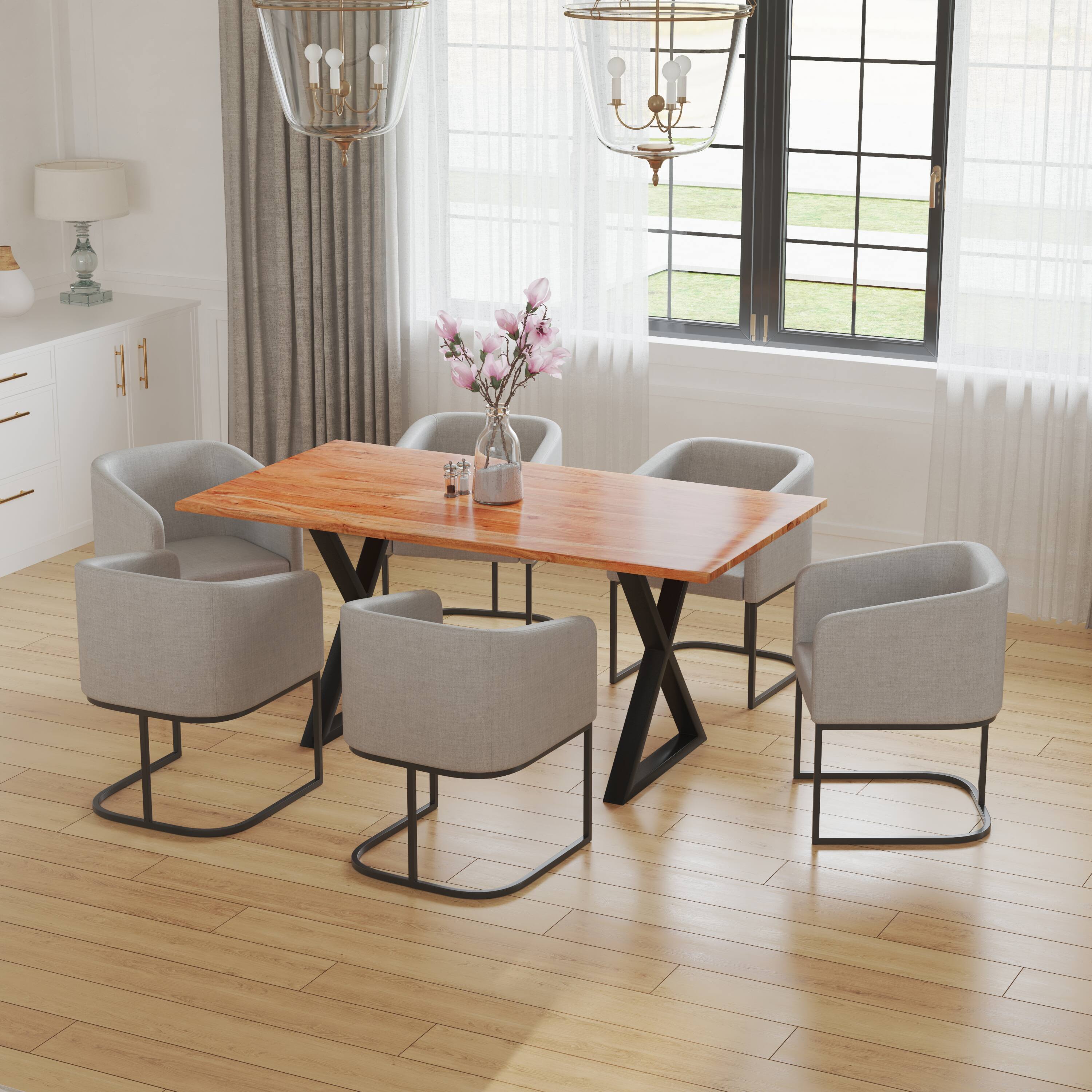 Alt View 10. Manhattan Lane - 67 Inch Rectangular Dining Table with Crossed Black Metal Legs and Natural Brown Faux Live Edge Acacia Wood Top - Brown and Black.