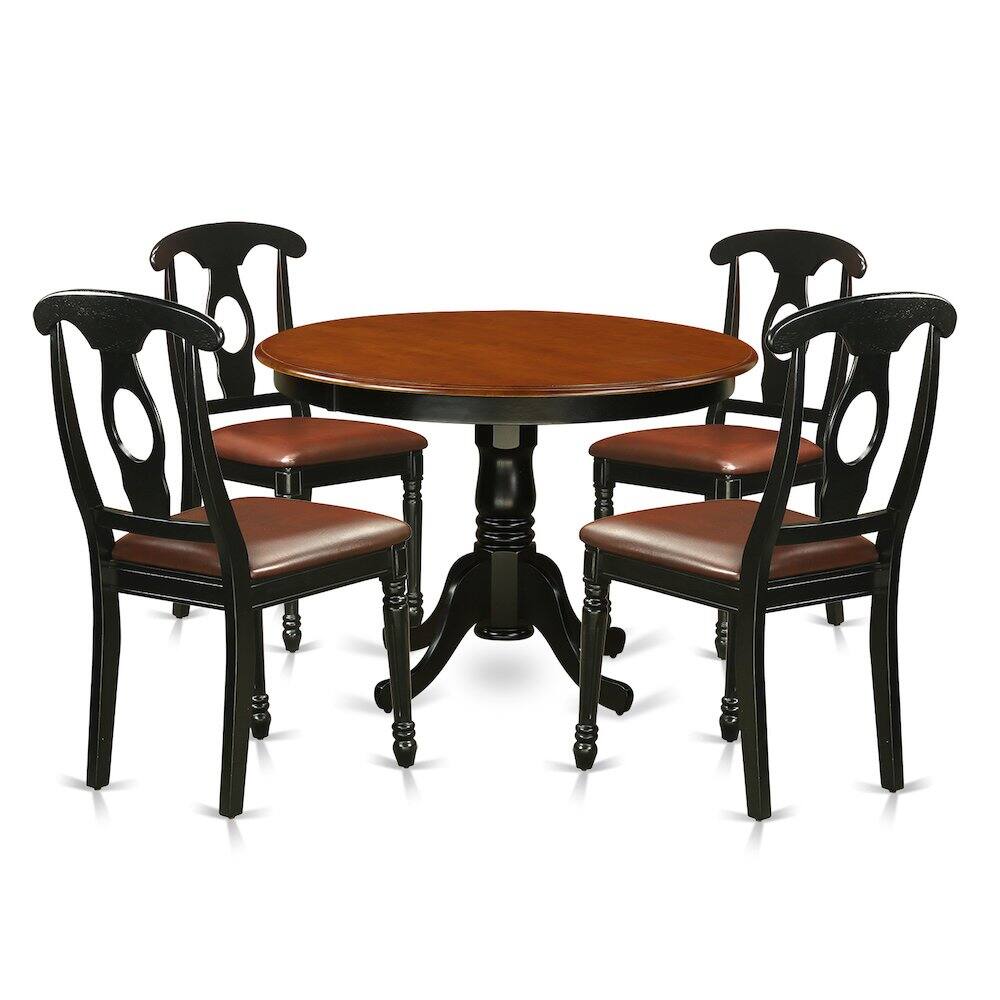 Angle. East West Furniture - 5 Pc set with a Round Kitchen Table and 4 Leather Dinette Chairs in Linen White - Black.