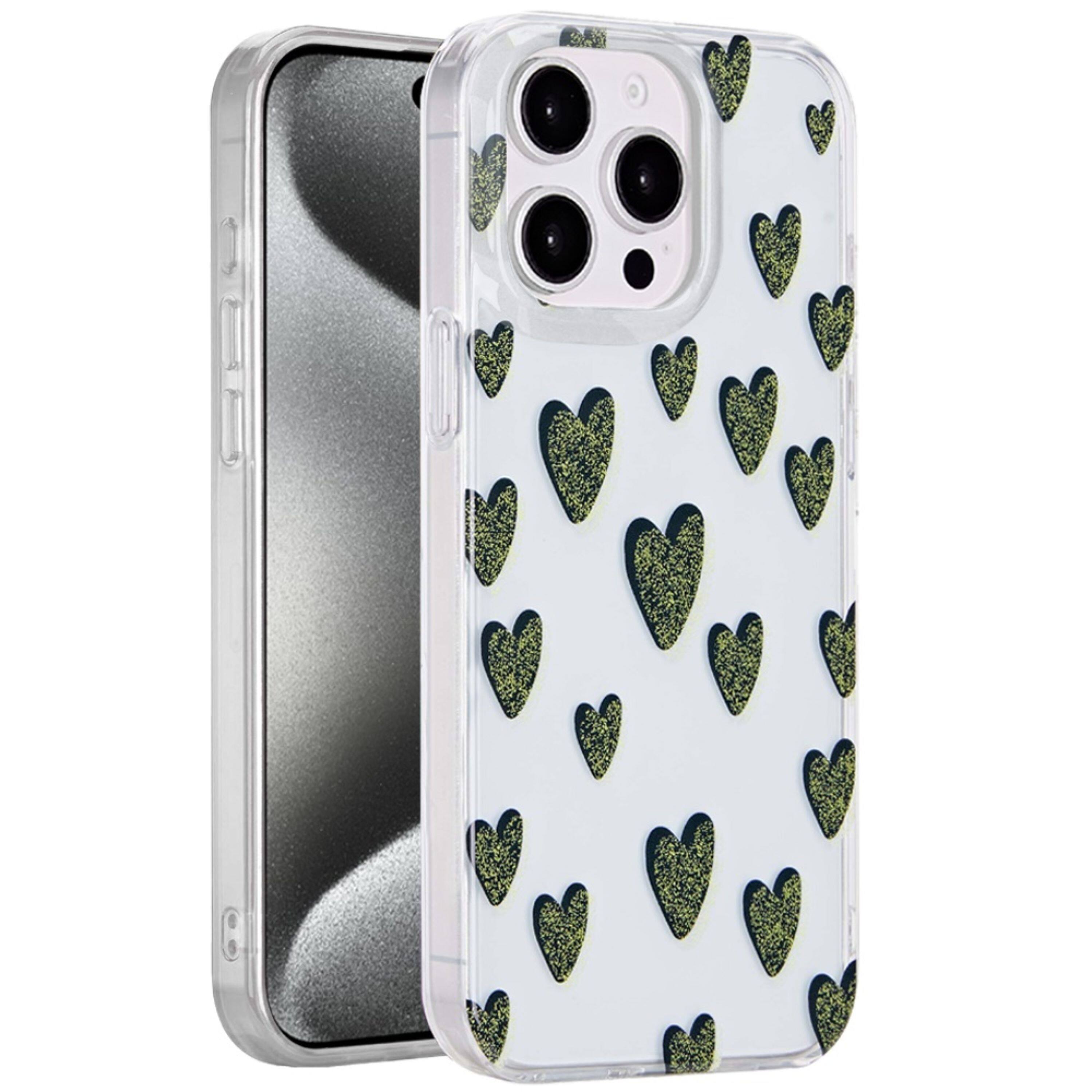 Left. Kitcheniva - Dual Layer TPU Protective Case With Tempered Glass For iPhone 15 Pro Max Black Hearts - Multicolor.