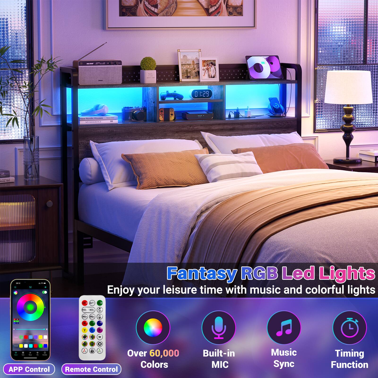 Fantasy RGB Led Lights  
Enjoy your leisure time with music and colorful lights  

- APP Control  
- Remote Control  
- Over 60,000 Colors  
- Built-in MIC  
- Music Sync  
- Timing Function