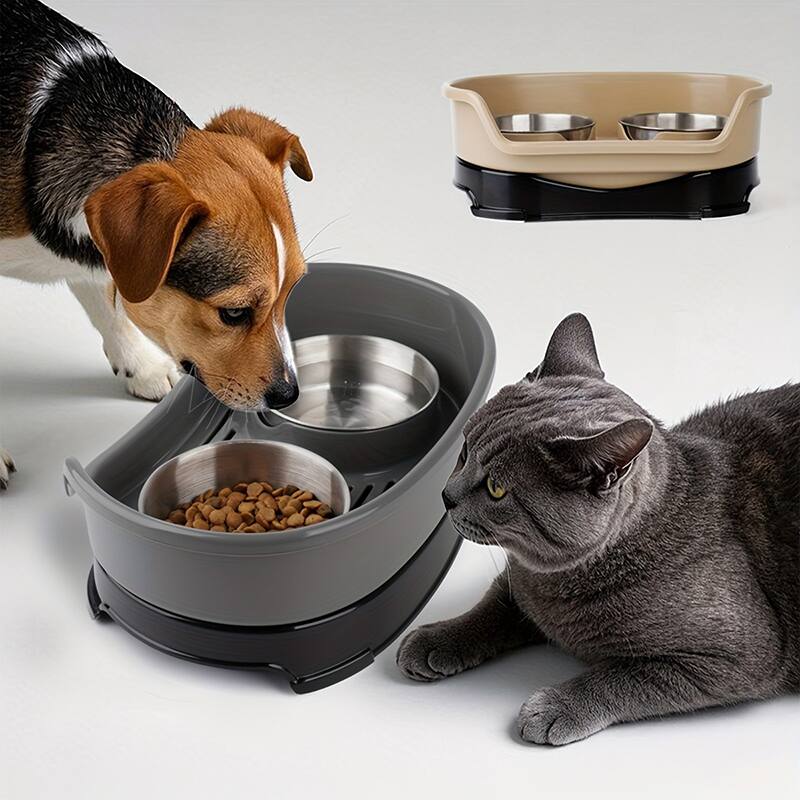Angle. Supet - One-piece Double Stainless Steel Dog Bowl - Grey.