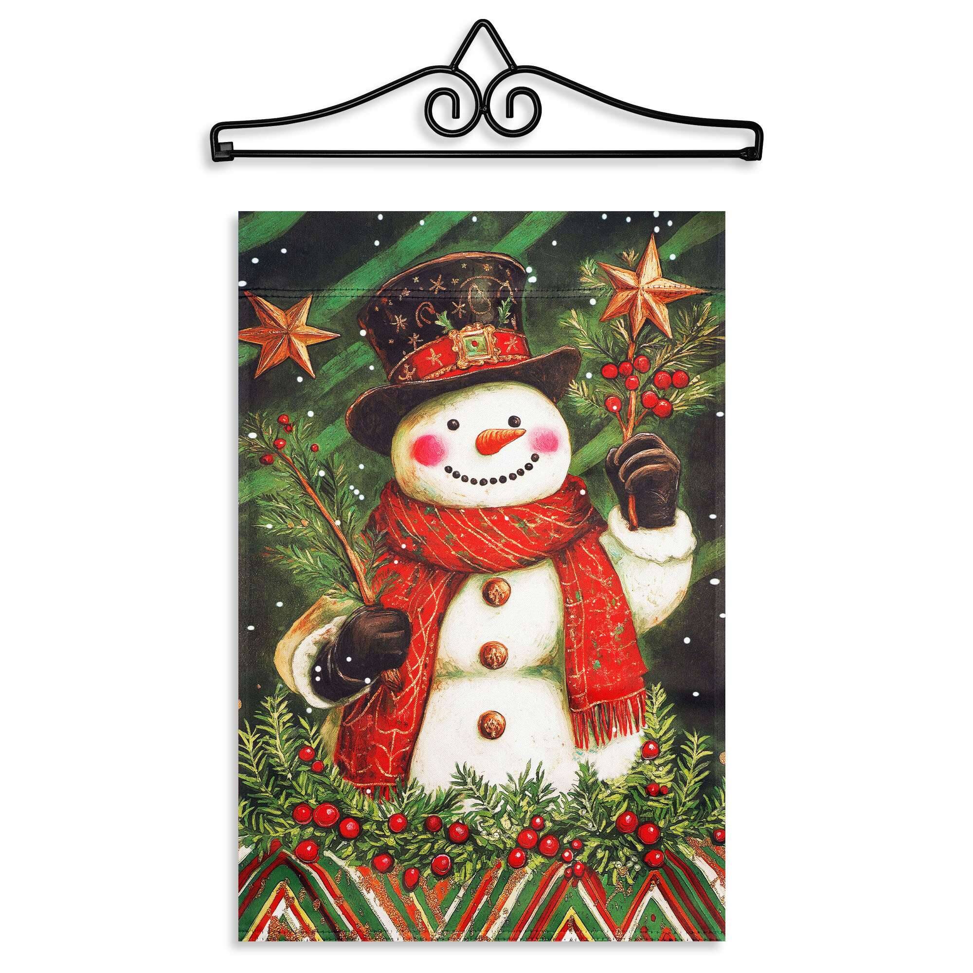 Front. G128 - G128 12x18IN Christmas Red Scarf Snowman Holly Garden Flag with 14IN Hanger - Red.