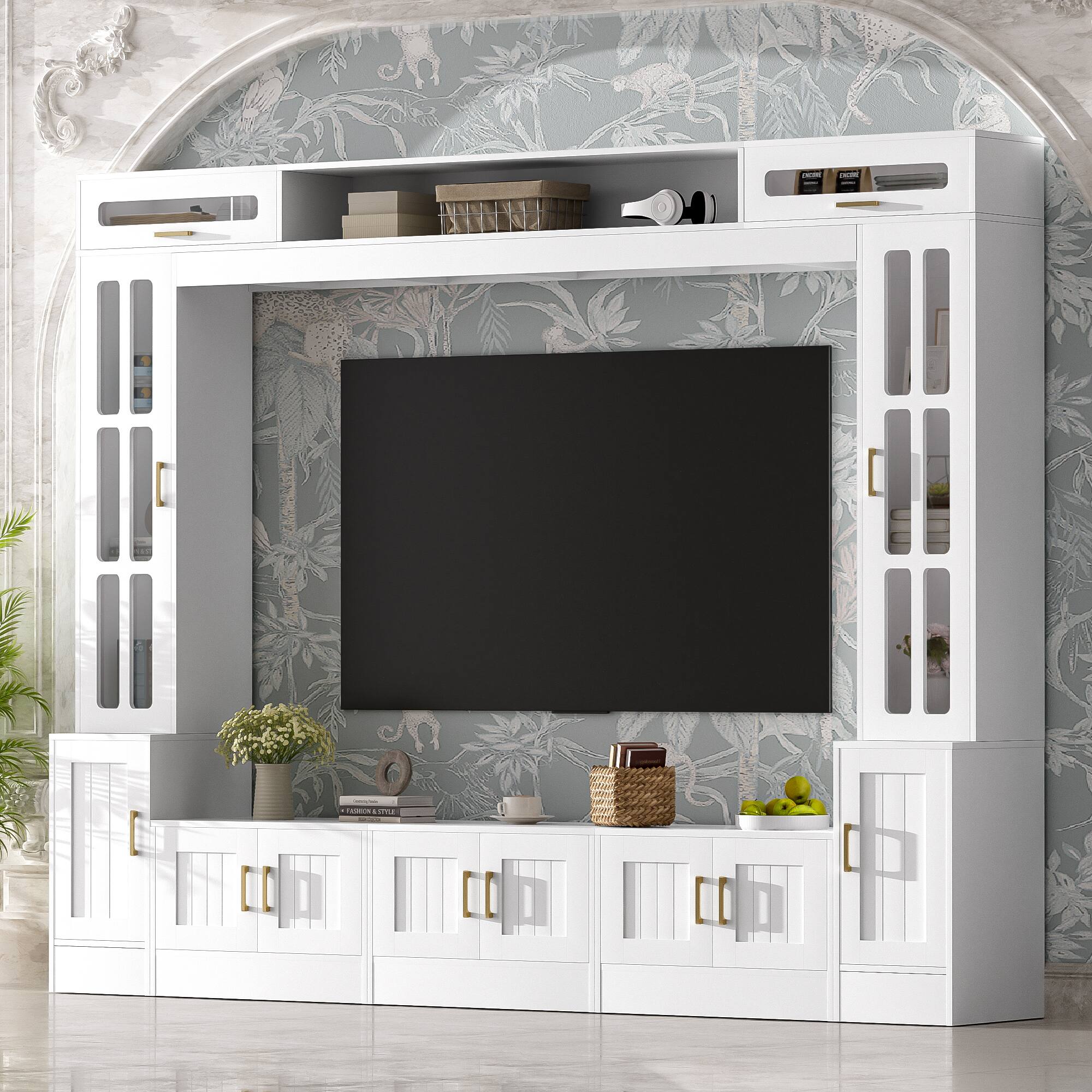Alt View 1. PexFix - Modern Entertainment Center for 80" TVs, Wall Unit with Bookshelves, Glass Door Cabinets & Adjustable Shelves - White.