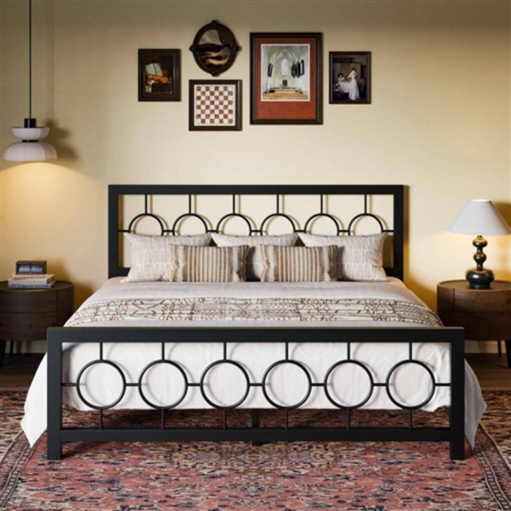 Angle. Hivvago - King Black Metal Platform Bed Frame with Circle Medallion Headboard Footboard - Black.