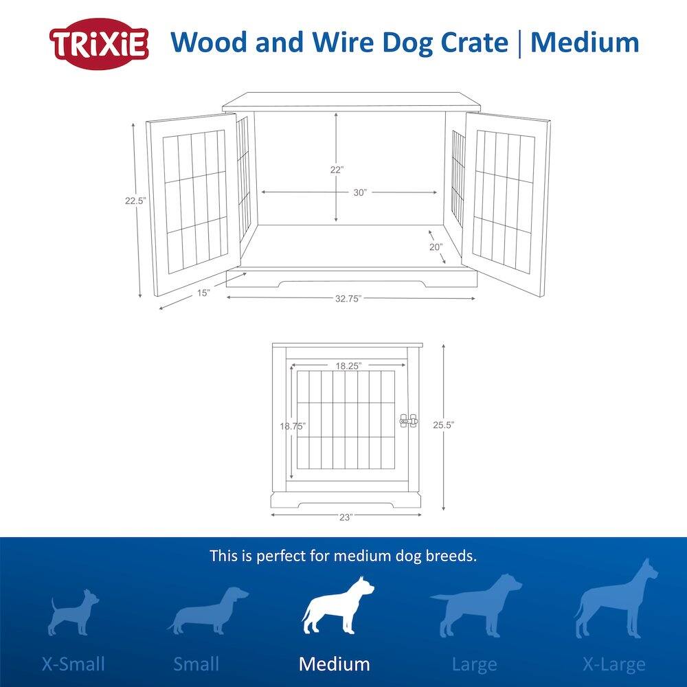 TRIXIE Wood and Wire Dog Crate | Medium

22" 22.5" 30" 20" 15" 32.75" 18.25" 18.75" 25.5" 23"

This is perfect for medium dog breeds.

X-Small Small Medium Large X-Large