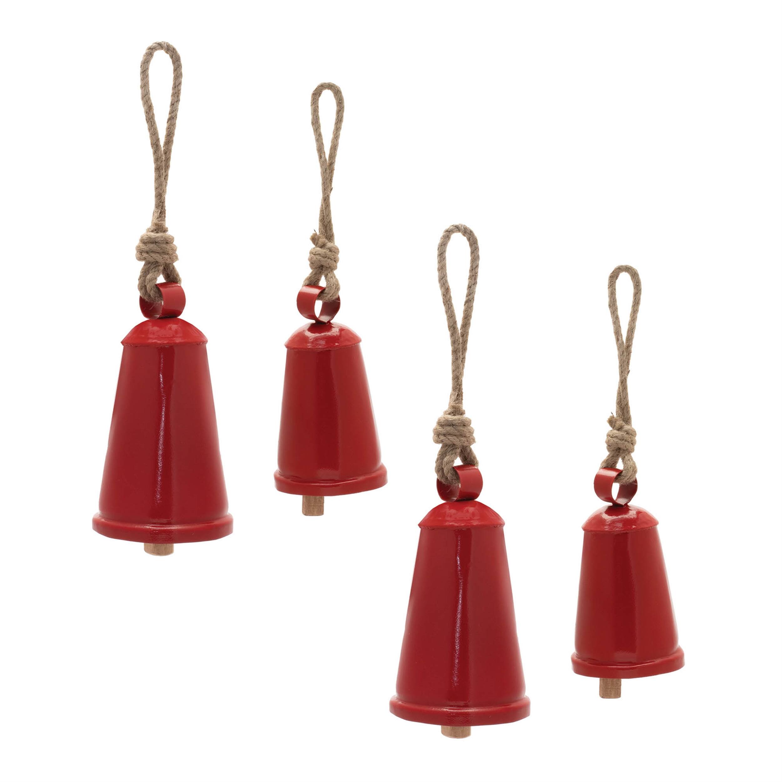 Back. BreeBe - Rustic Metal Bell Ornament (Set of 4) - Red, beige.