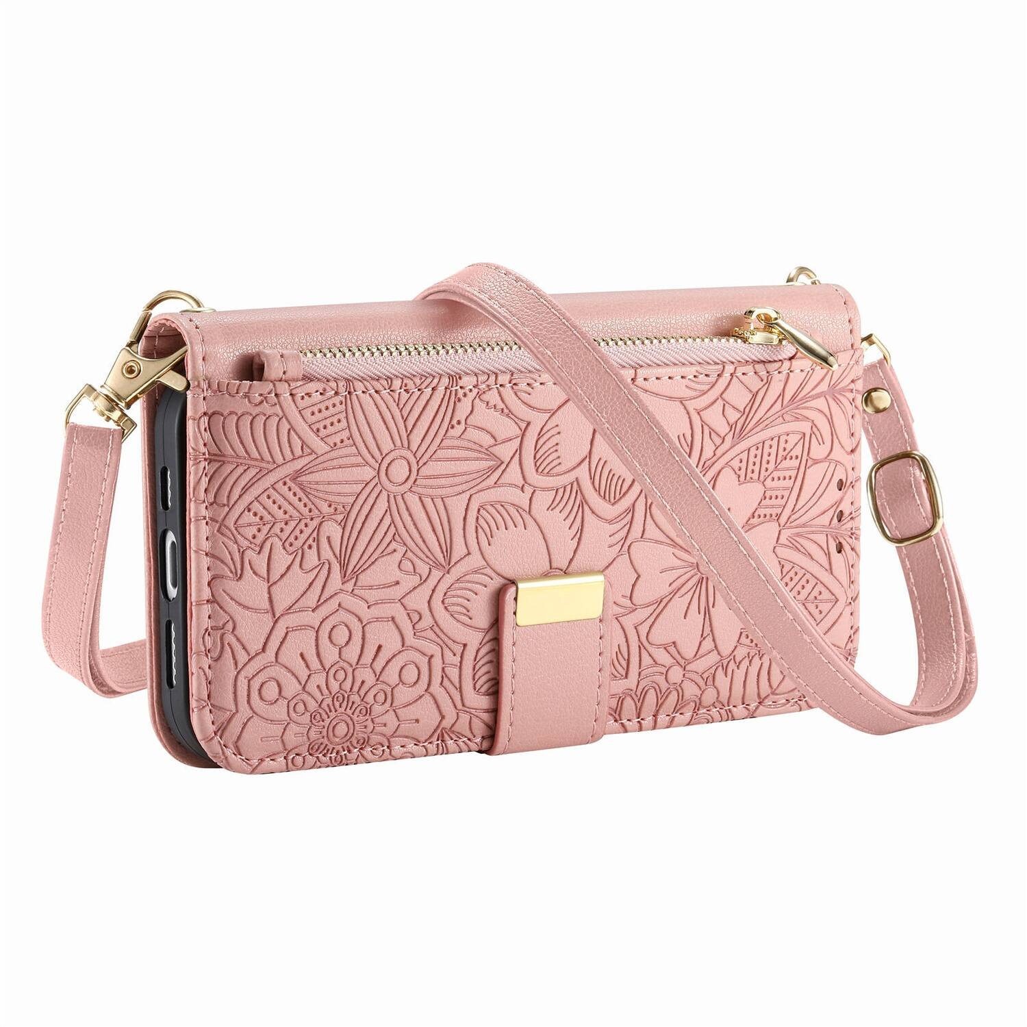 Alt View 7. Dteck - Floral Embossed Leather Zipper Cash Slot Wallet Case for Apple iPhone 16 with Detachable Strap - Rosegold.