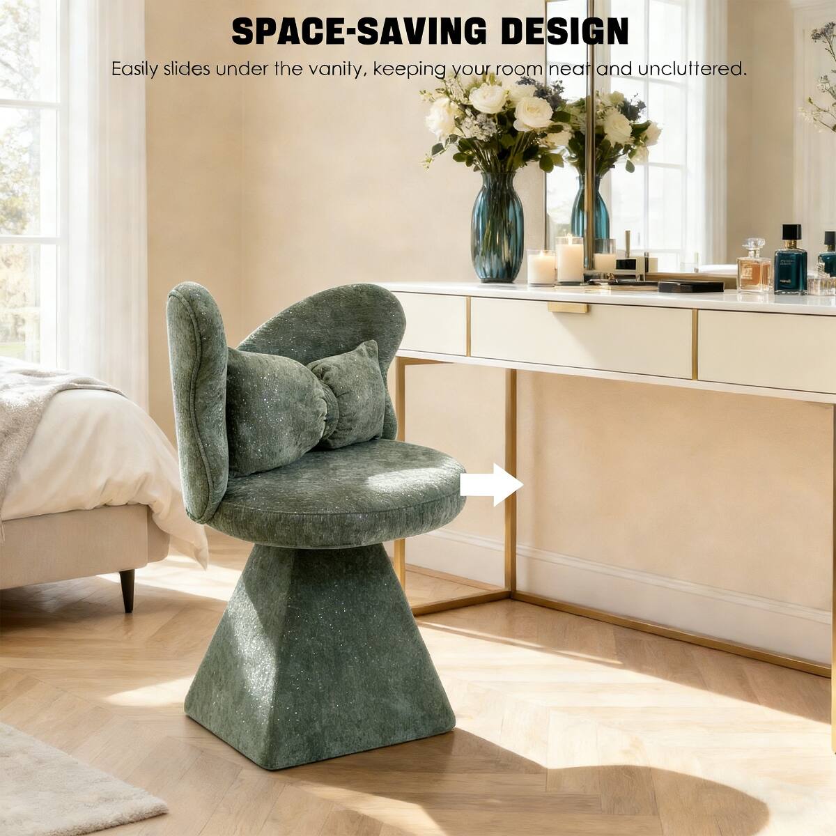 SPACE-SAVING DESIGN  
Easily slides under the vanity, keeping your room neat and uncluttered.