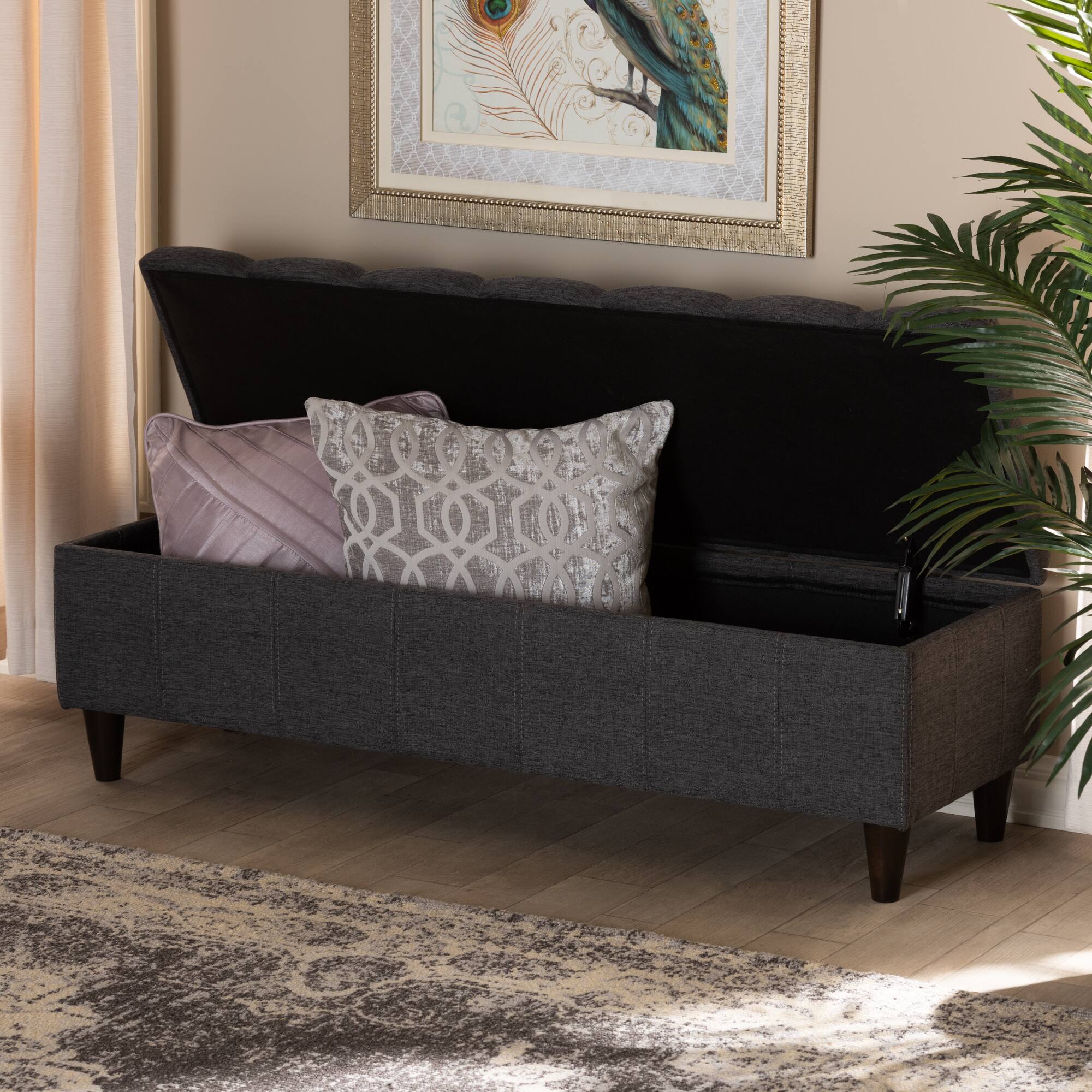 Alt View 5. Baxton Studio - Brette Mid-Century Modern Fabric Upholstered Finished Wood Storage Bench Ottoman - Charcoal.