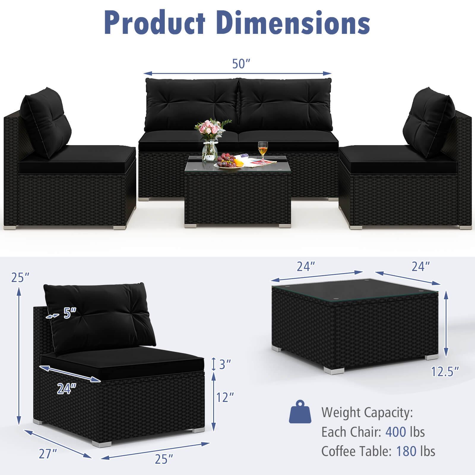 Product Dimensions

50"  
25"  
24"  
24"  
5"  
24" 27"  
12" 12.5"  

Weight Capacity:  
Each Chair: 400 lbs  
Coffee Table: 180 lbs