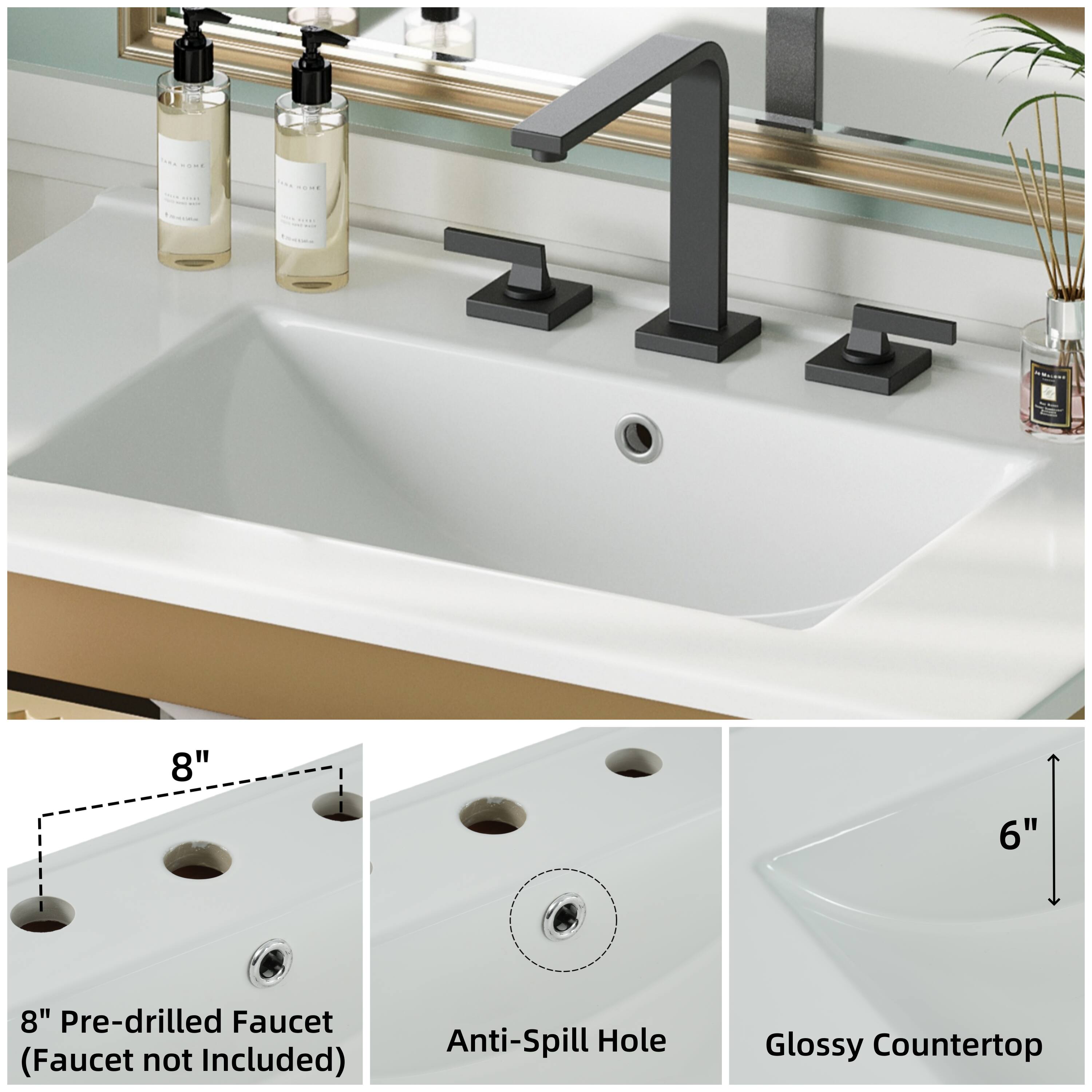 8" Pre-drilled Faucet (Faucet not Included)  
Anti-Spill Hole  
Glossy Countertop