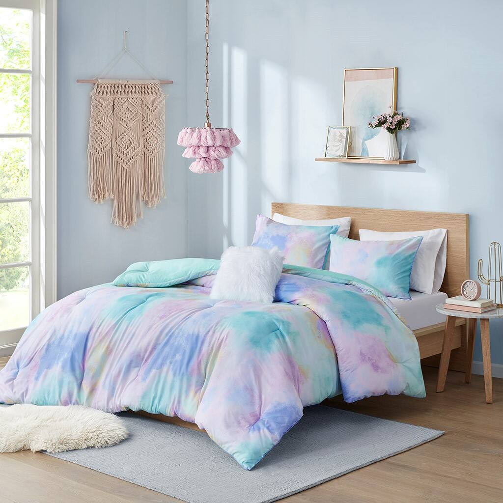 Alt View 1. Gracie Mills - Gracie Mills Orion Dreamscape Watercolor Tie Dye Comforter Set with Cozy Throw Pillow - Aqua.